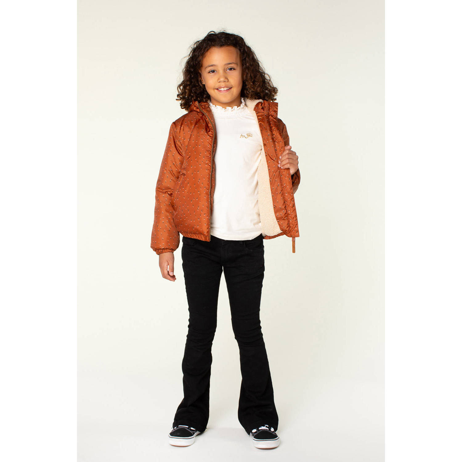 Moodstreet winterjas Jet met all over print roestbruin