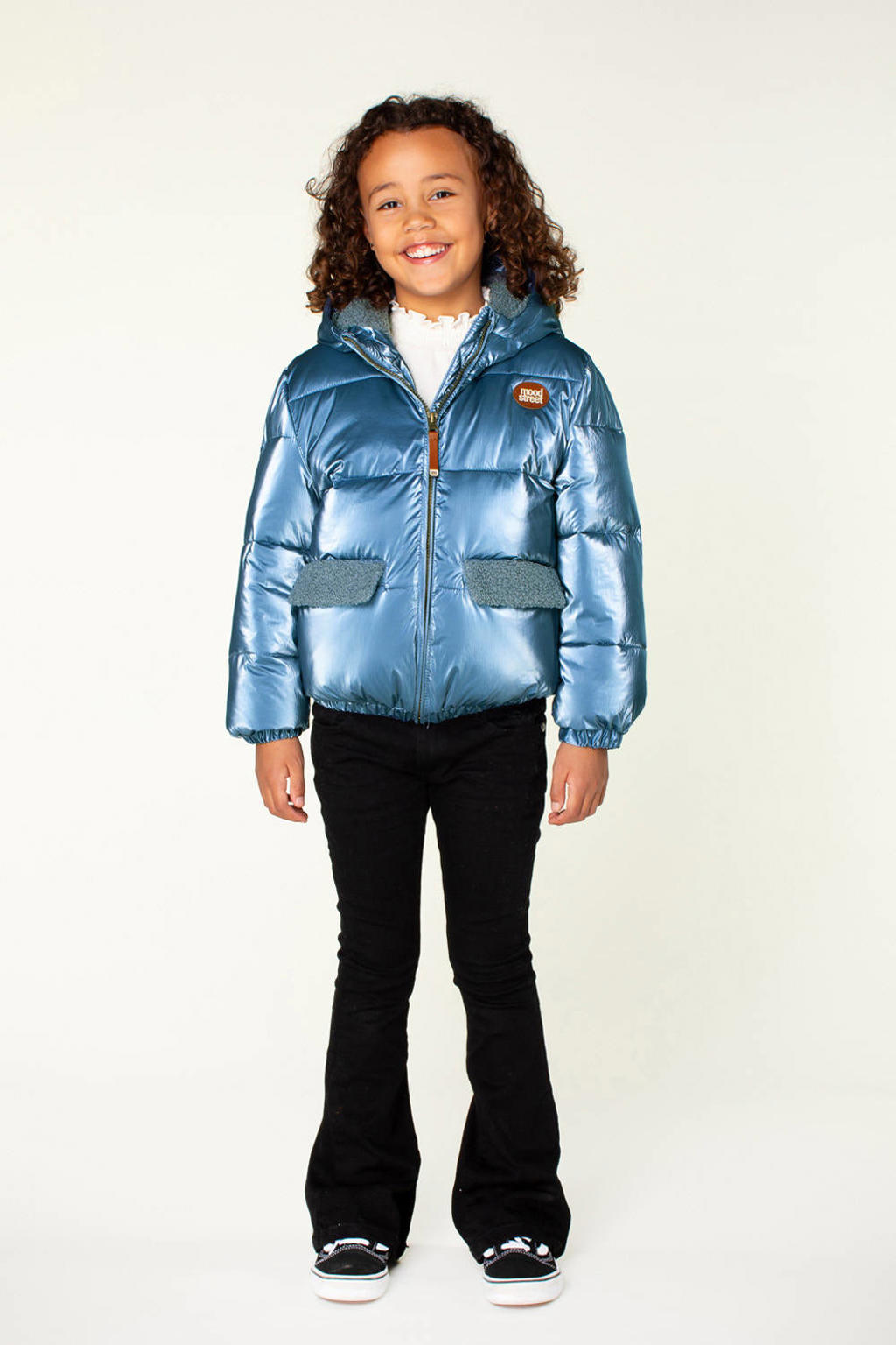 Blauwe meisjes Moodstreet gewatteerde winterjas Julie van polyester met effen, lange mouwen, capuchon en ritssluiting