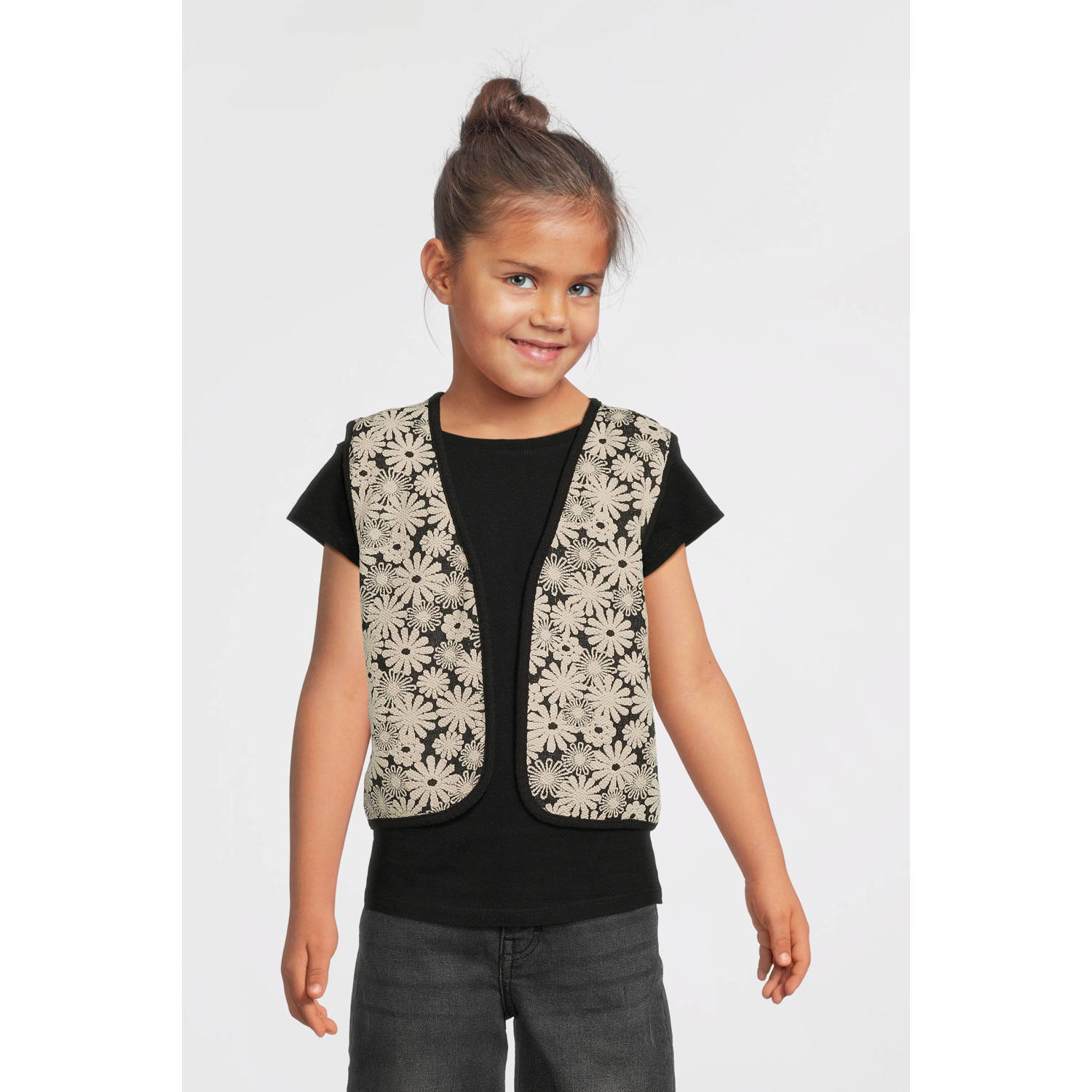 Moodstreet gilet Vajén met all over print zwart wit