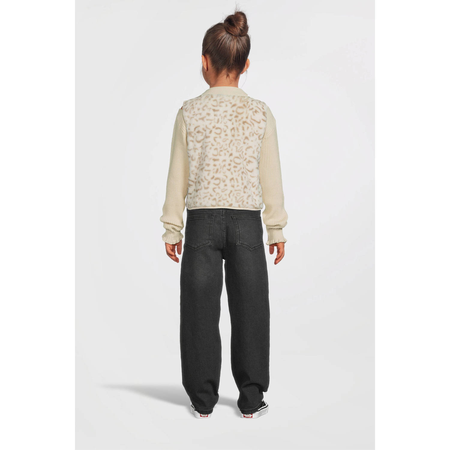 Moodstreet gebreid gilet Vajén met panterprint ecru lichtbruin