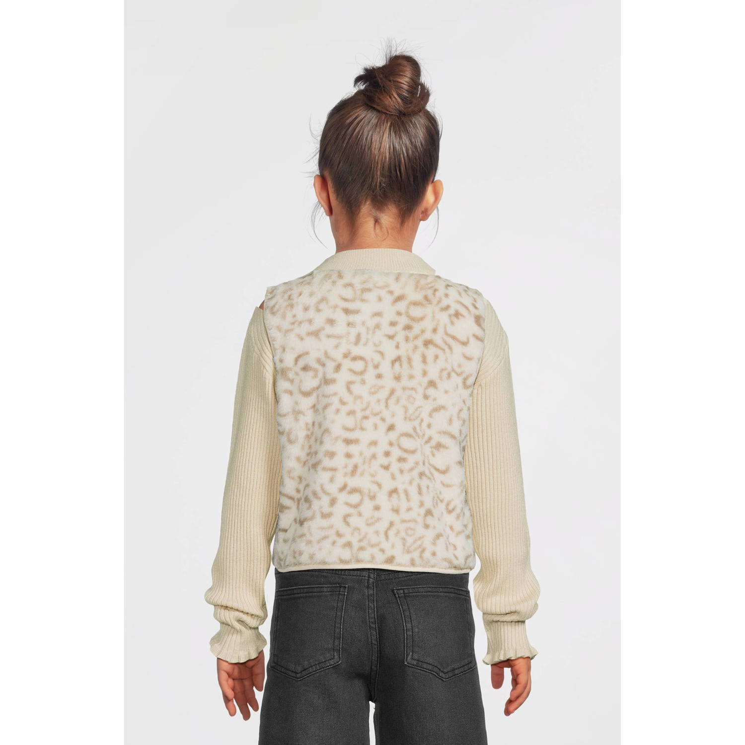 Moodstreet gebreid gilet Vajén met panterprint ecru lichtbruin
