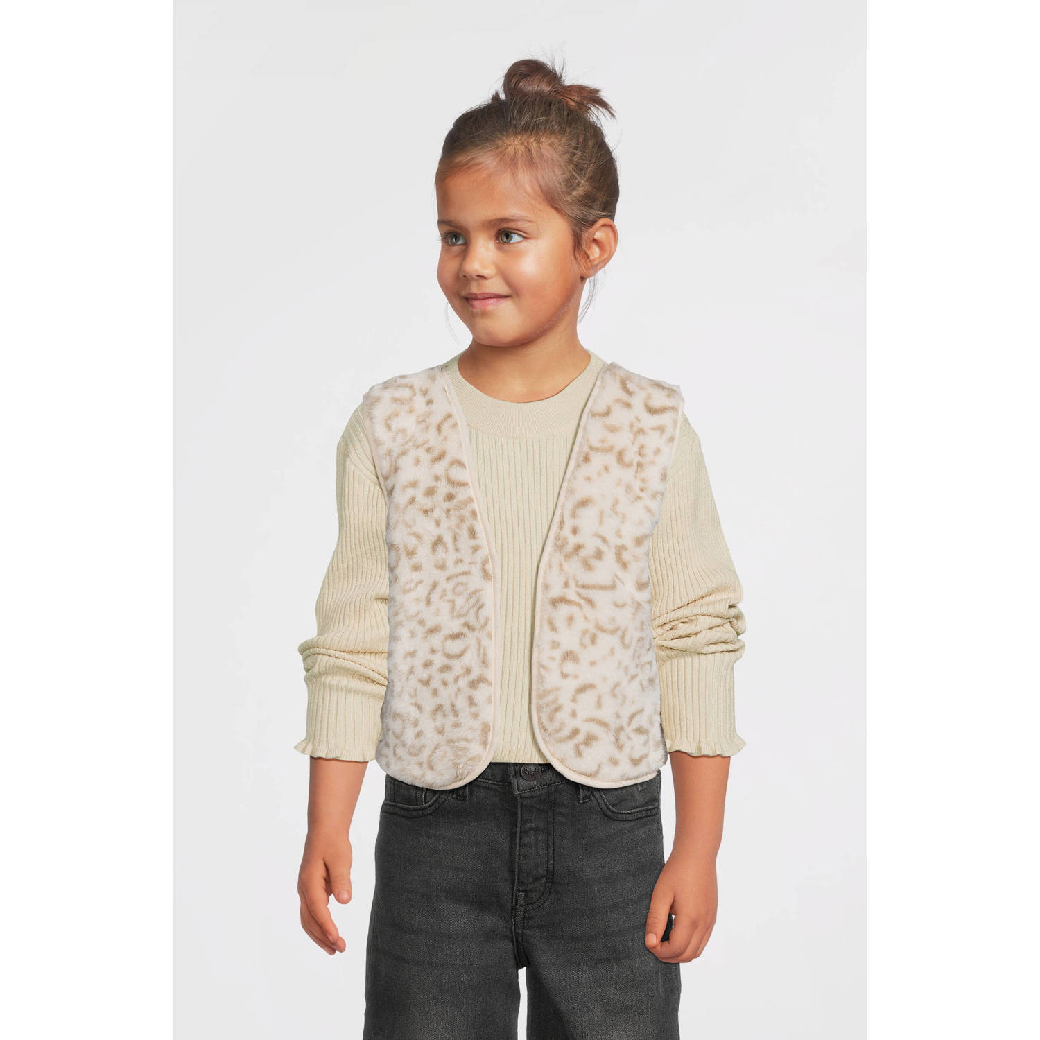 Moodstreet gebreid gilet Vajén met panterprint ecru lichtbruin