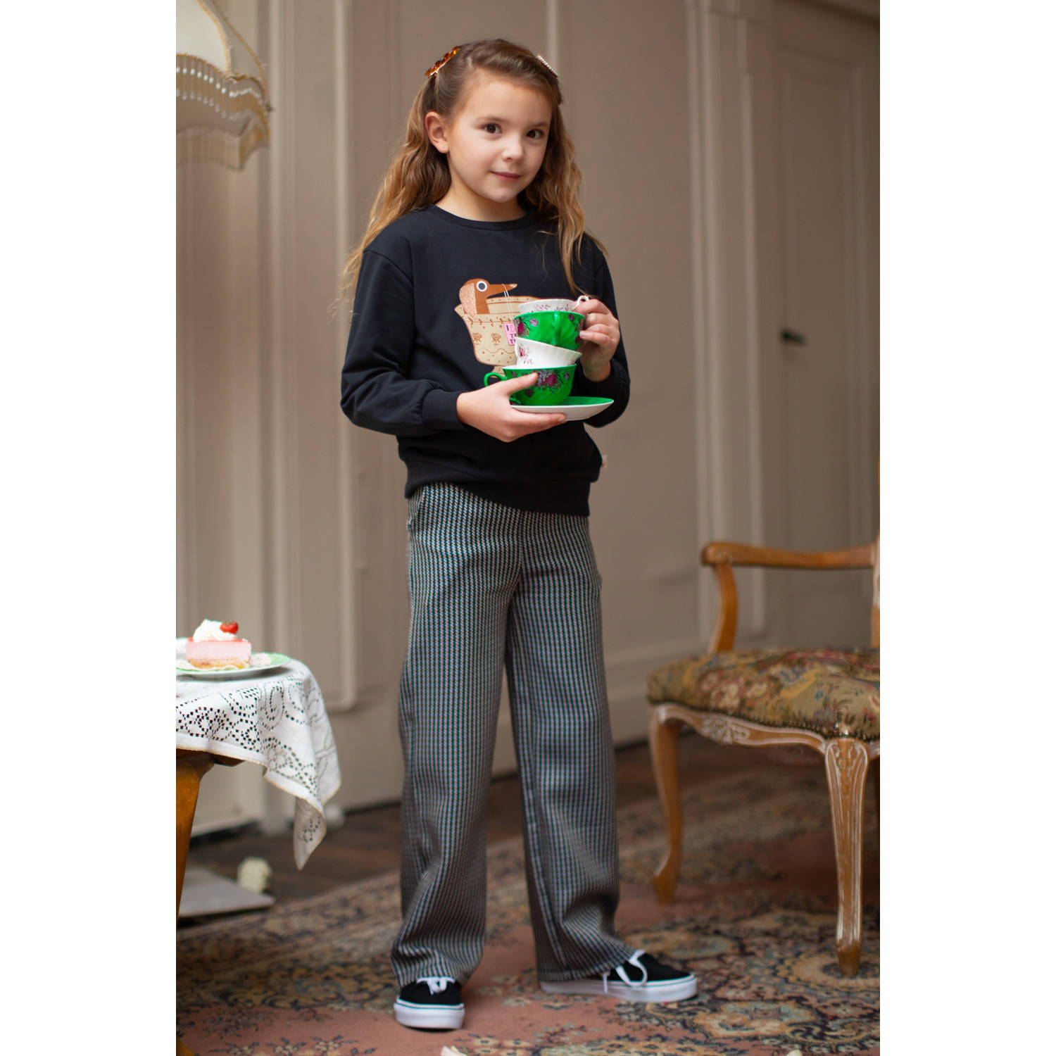 Moodstreet straight fit broek Belle met all over print zwart ecru