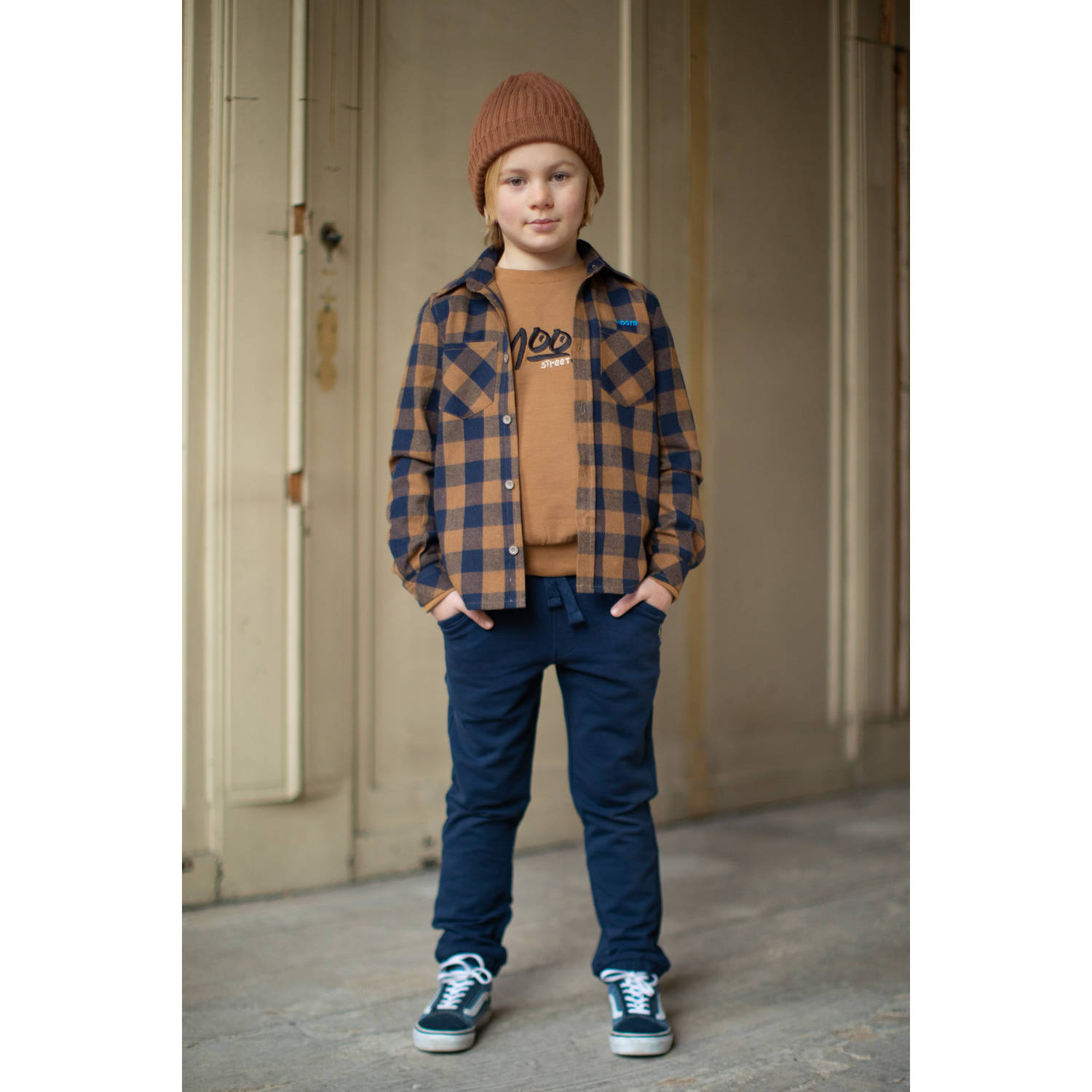 Moodstreet gebreide sweater Sev met printopdruk karamelbruin