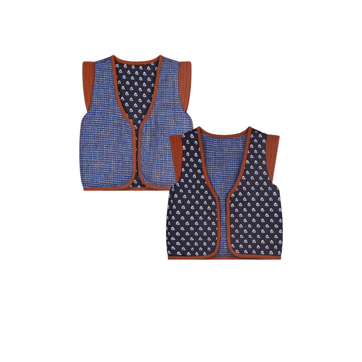 Moodstreet reversible gilet Vicky met all over print blauw bruin