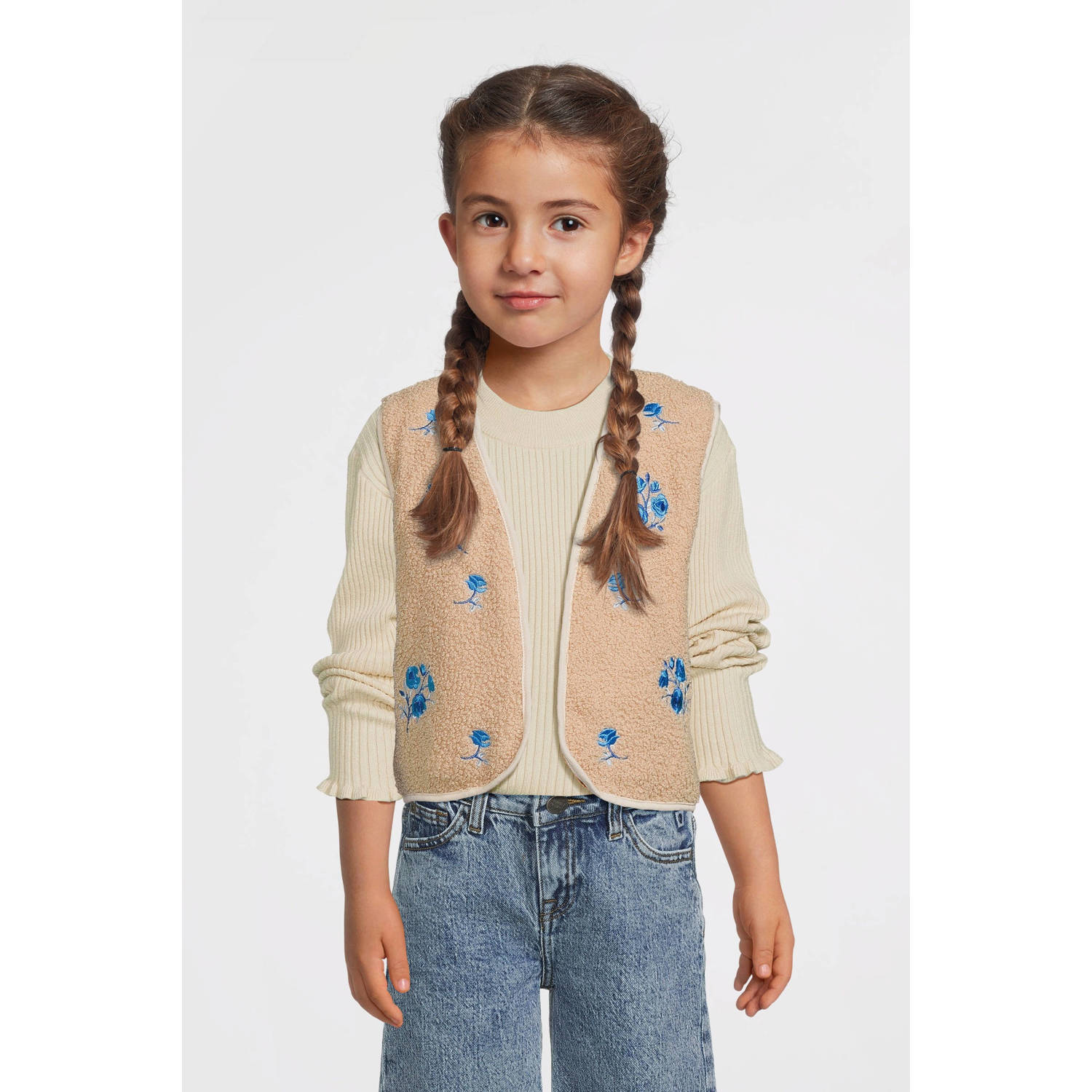 Moodstreet gebloemd gilet Vajén lichtbruin blauw