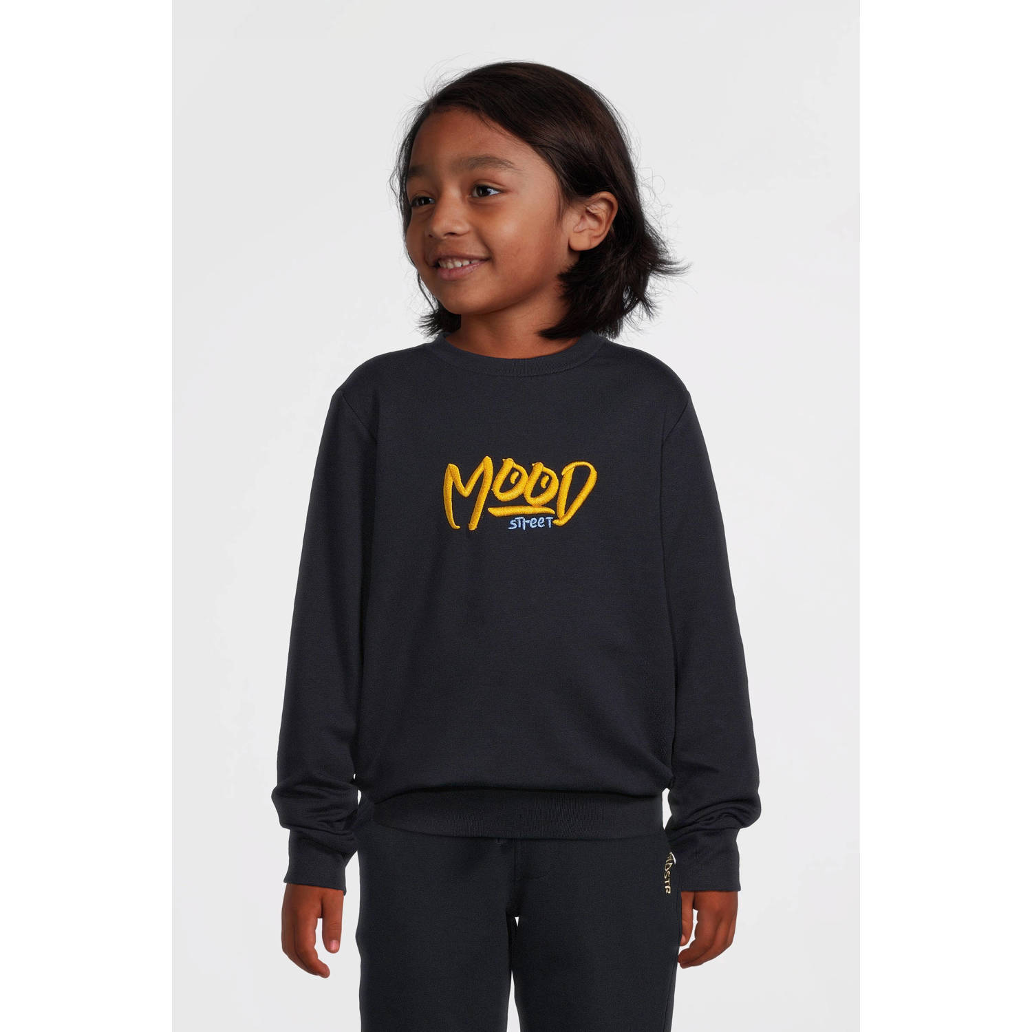 Moodstreet gebreide sweater Sev met printopdruk donkerblauw