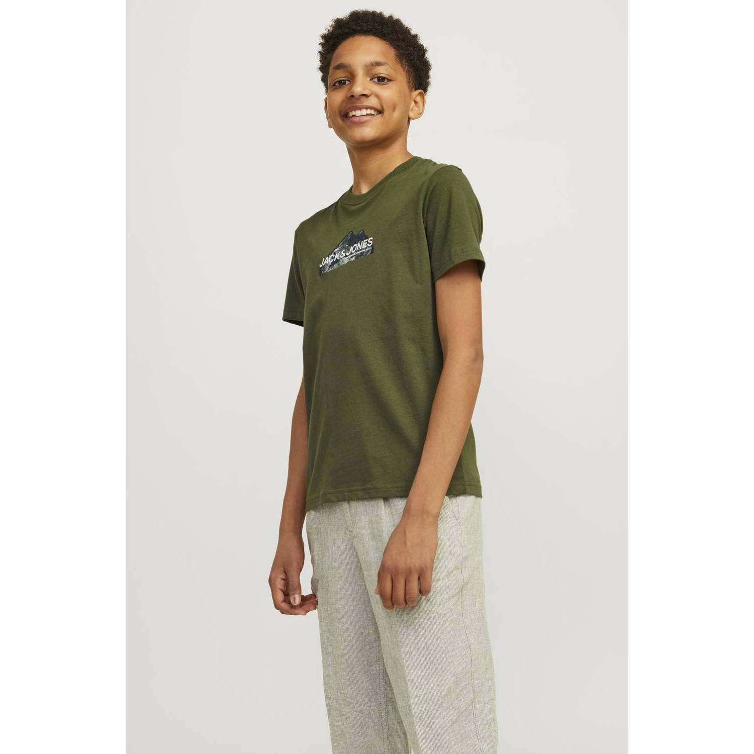Jack & jones JUNIOR T-shirt JCOMOUNTAIN met printopdruk donkergroen Jongens Denim Ronde hals 140