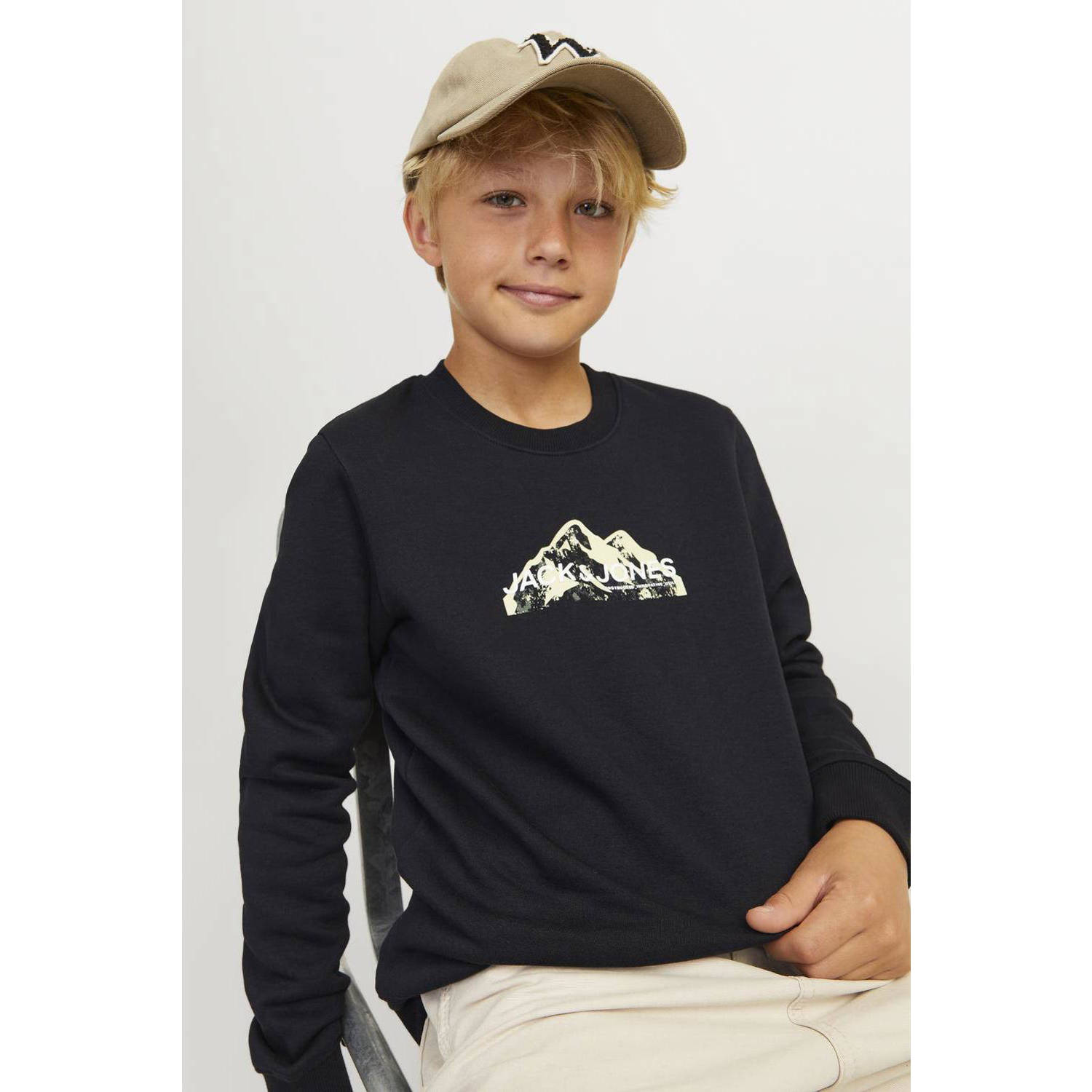 JACK & JONES JUNIOR sweater JCOMOUNTAIN met printopdruk zwart