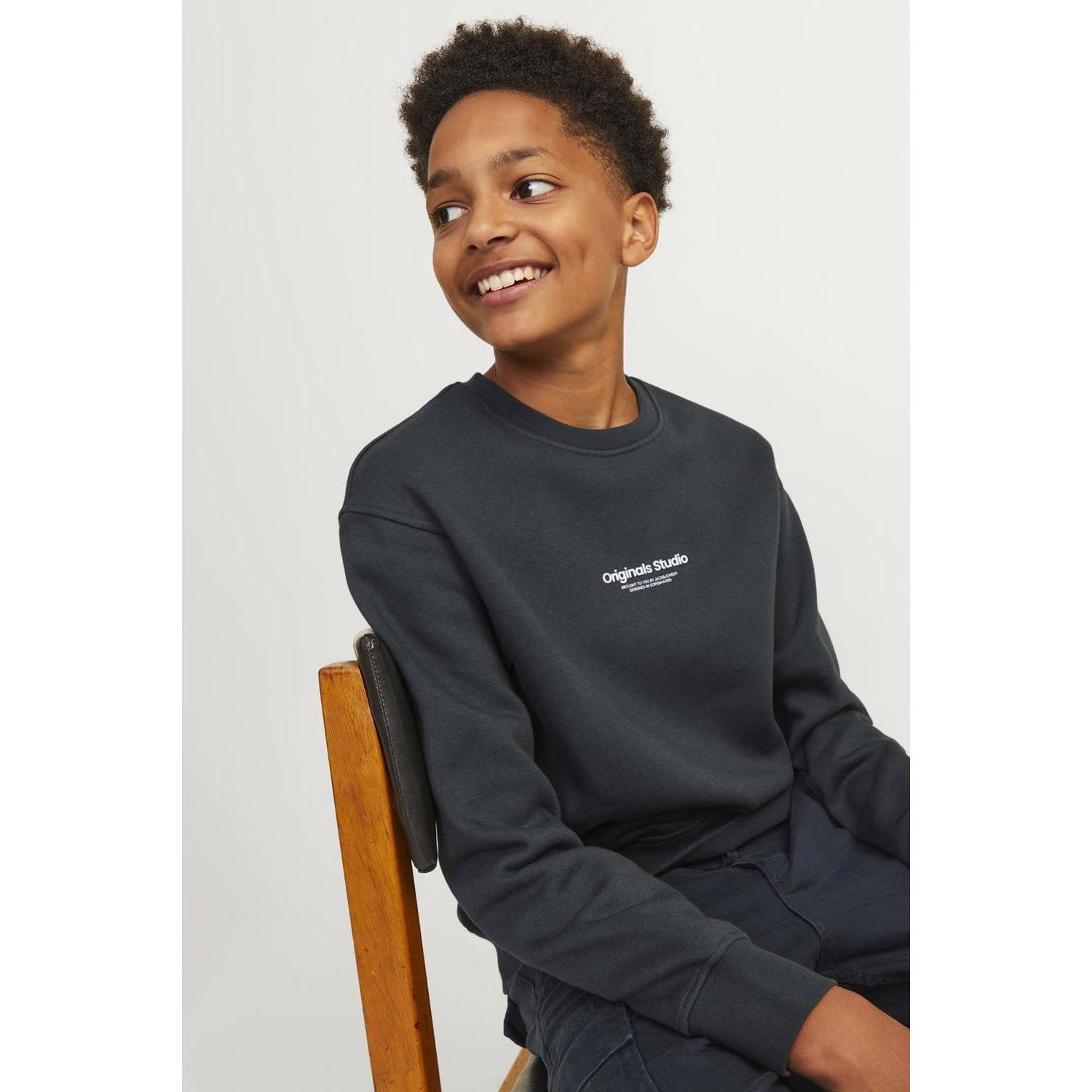 Jack & jones JUNIOR sweater JORVESTERBRO met tekst diep donkergroen Ecru 128