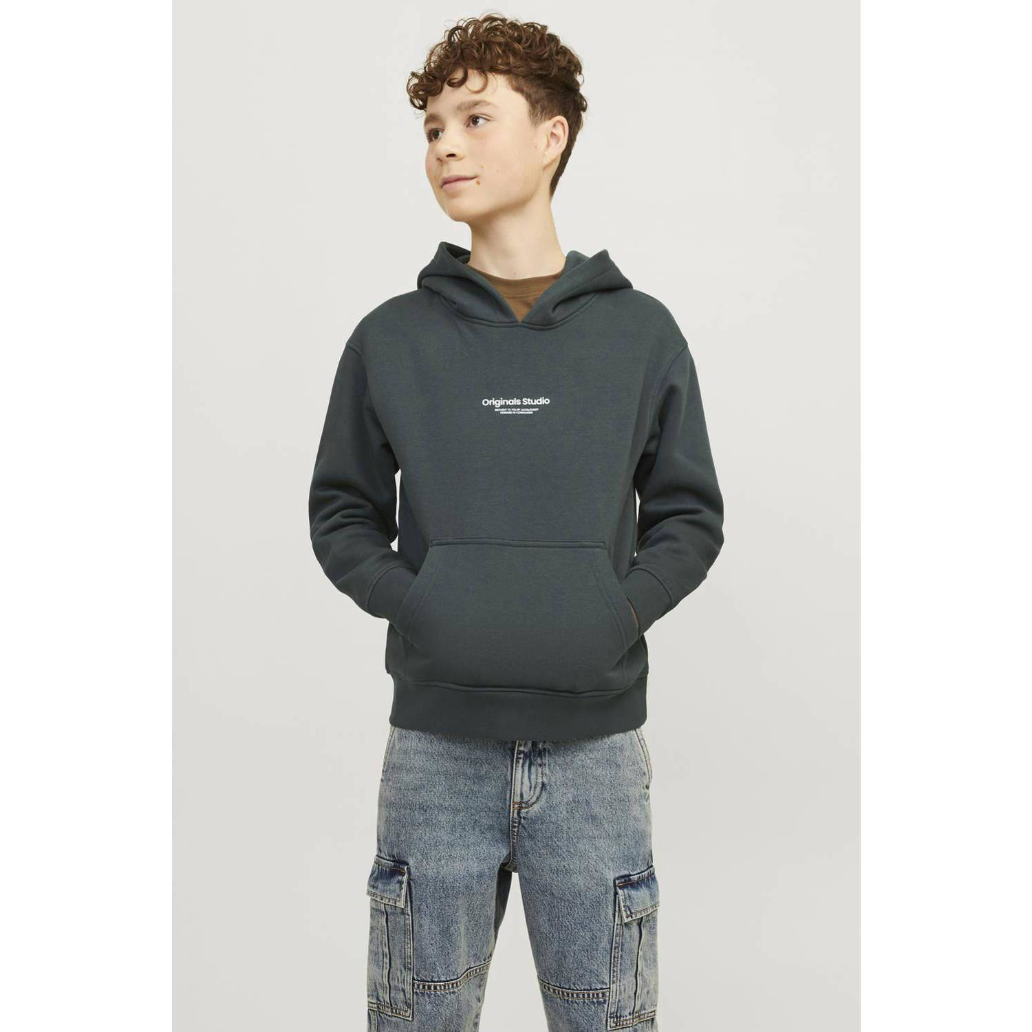 Jack & jones JUNIOR hoodie JORVESTERBRO met tekst diep donkergroen Sweater 128