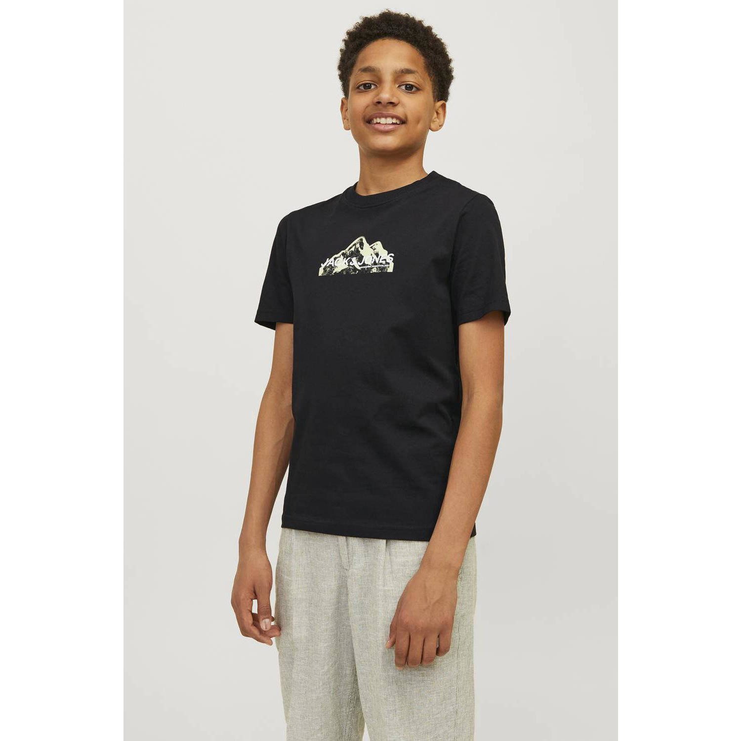 Jack & jones JUNIOR T-shirt JCOMOUNTAIN met printopdruk zwart Jongens Denim Ronde hals 140
