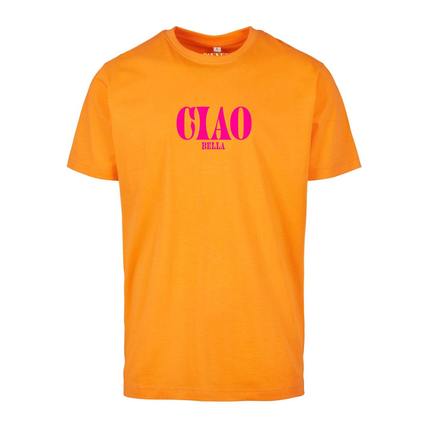 Pinned by K Curve T-shirt Ciao Bella met printopdruk oranje