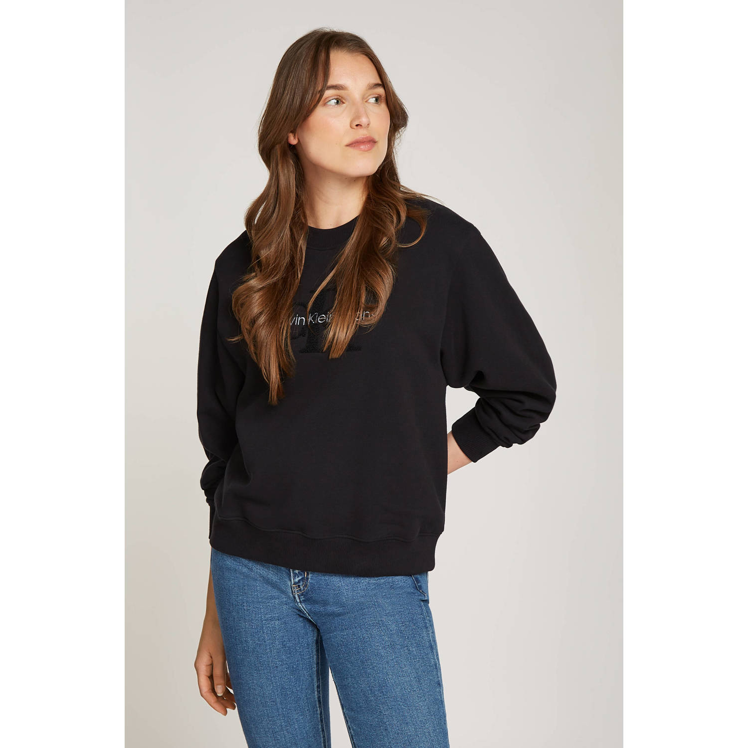 Calvin Klein Zwarte Geborduurde Sweater met Lange Mouwen Black Dames