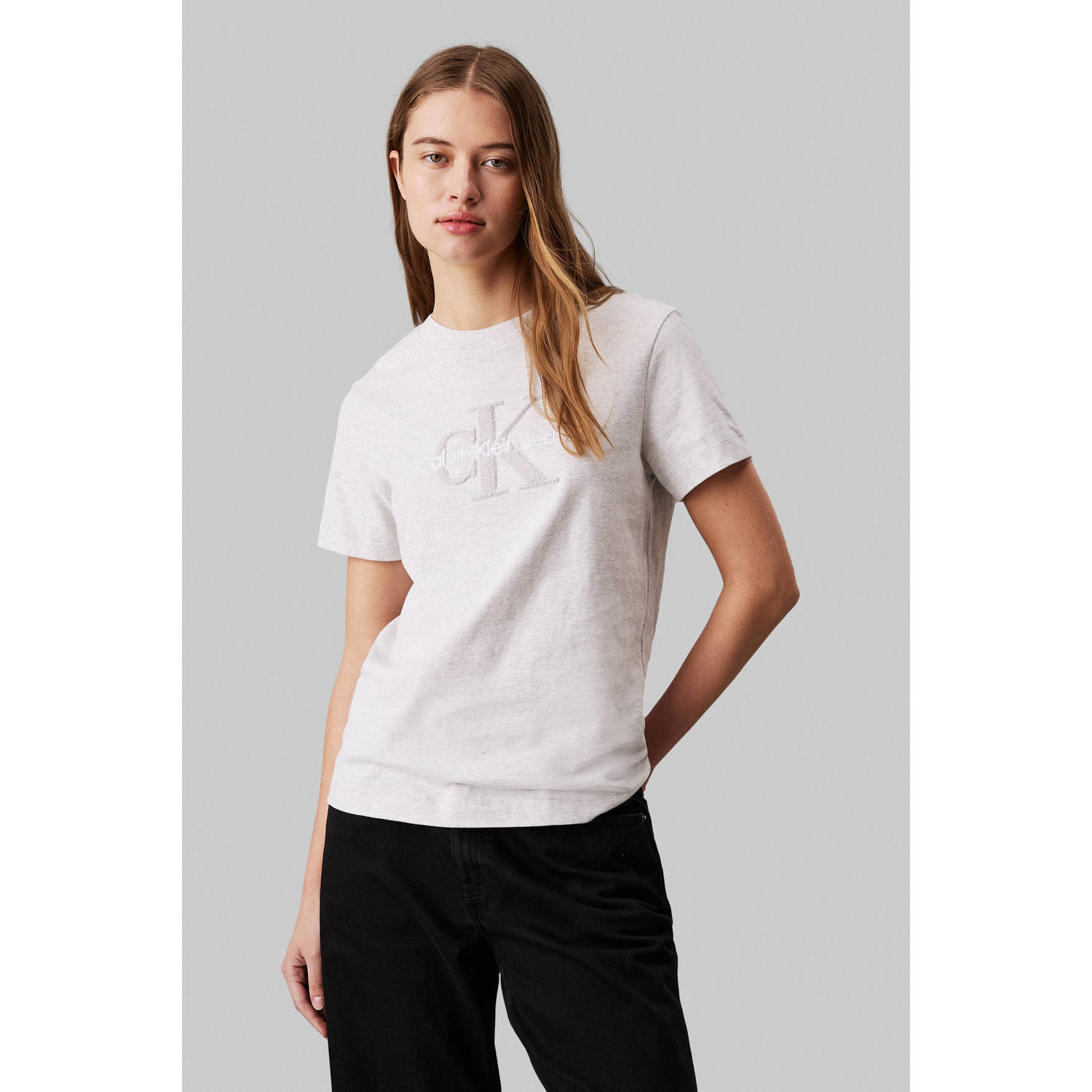 Calvin Klein Gestructureerd Logo Katoen T-Shirt White Dames