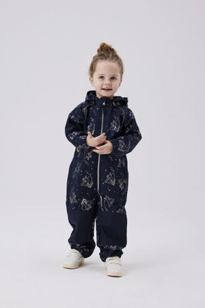 softshell buitenspeelpak met all over print donkerblauw/roze metallic