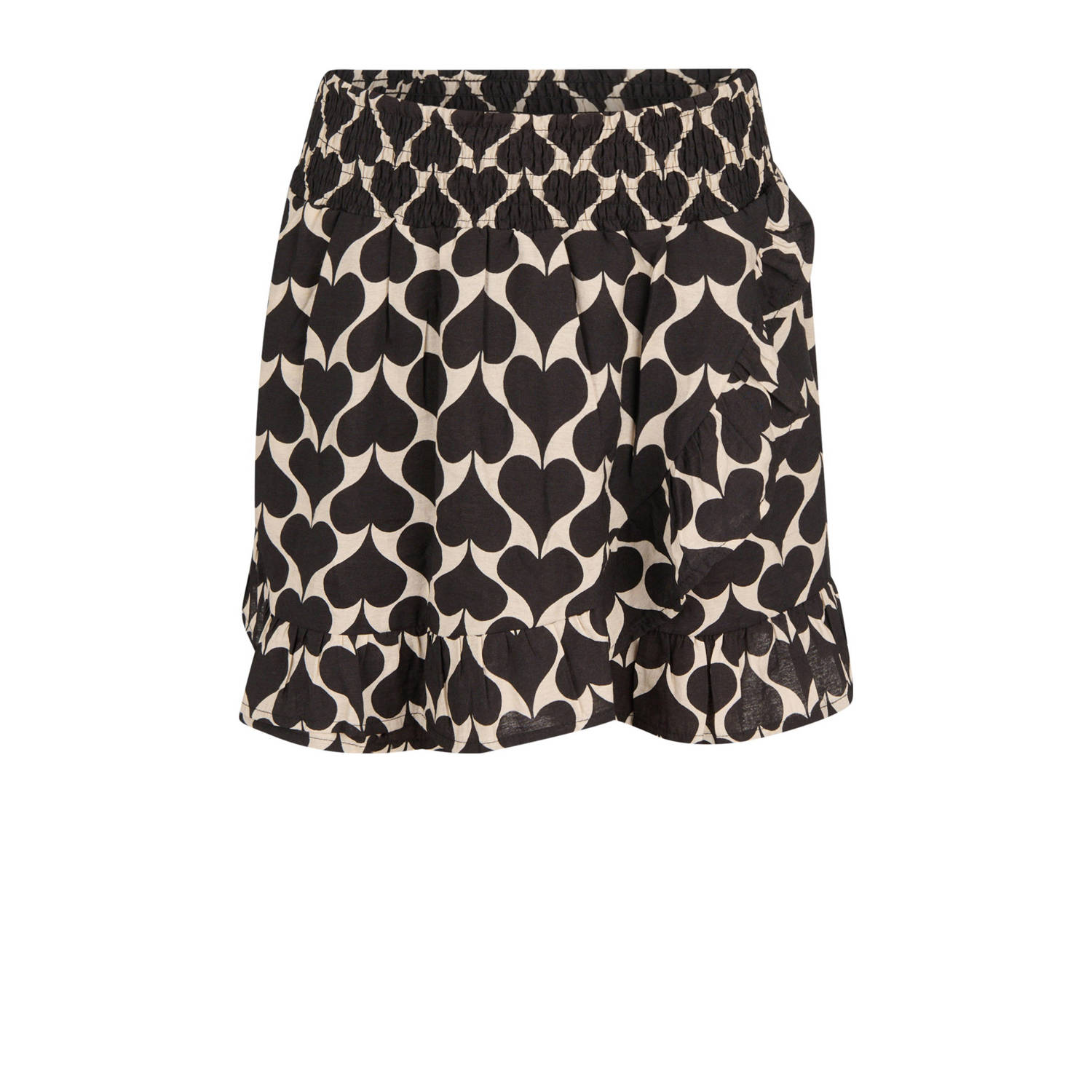 Shoeby skort met hartjes en ruches zwart beige Rok Meisjes Viscose Hartjes 122 128