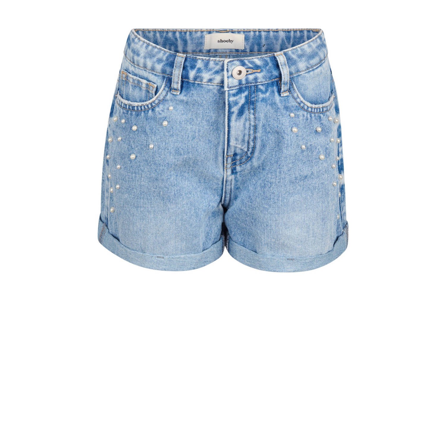 Shoeby high waist regular fit denim short light blue denim Korte broek Blauw Meisjes Katoen 134 140