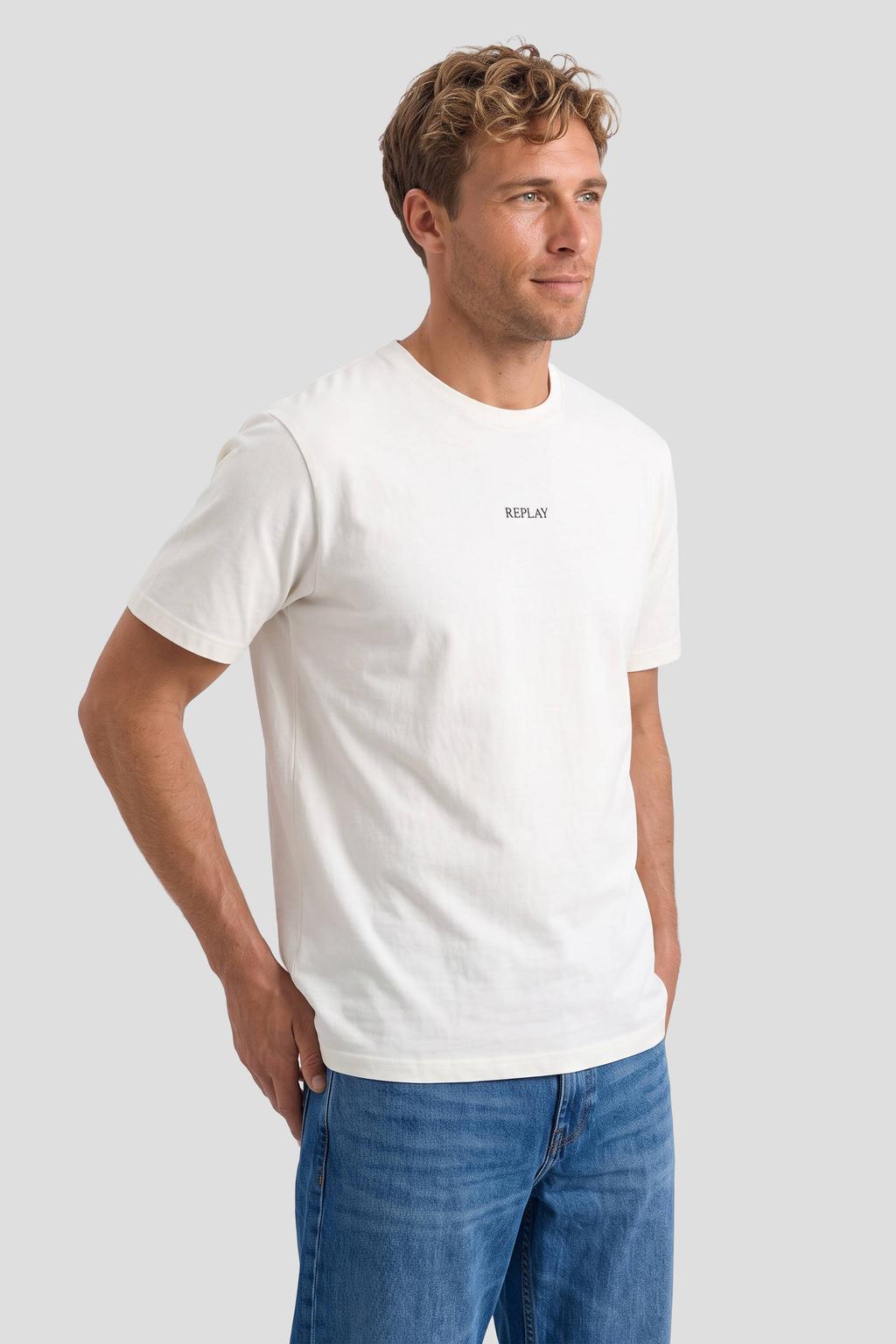 Witte heren REPLAY regular fit t-shirt natural white van katoen met logo dessin, korte mouwen en ronde hals