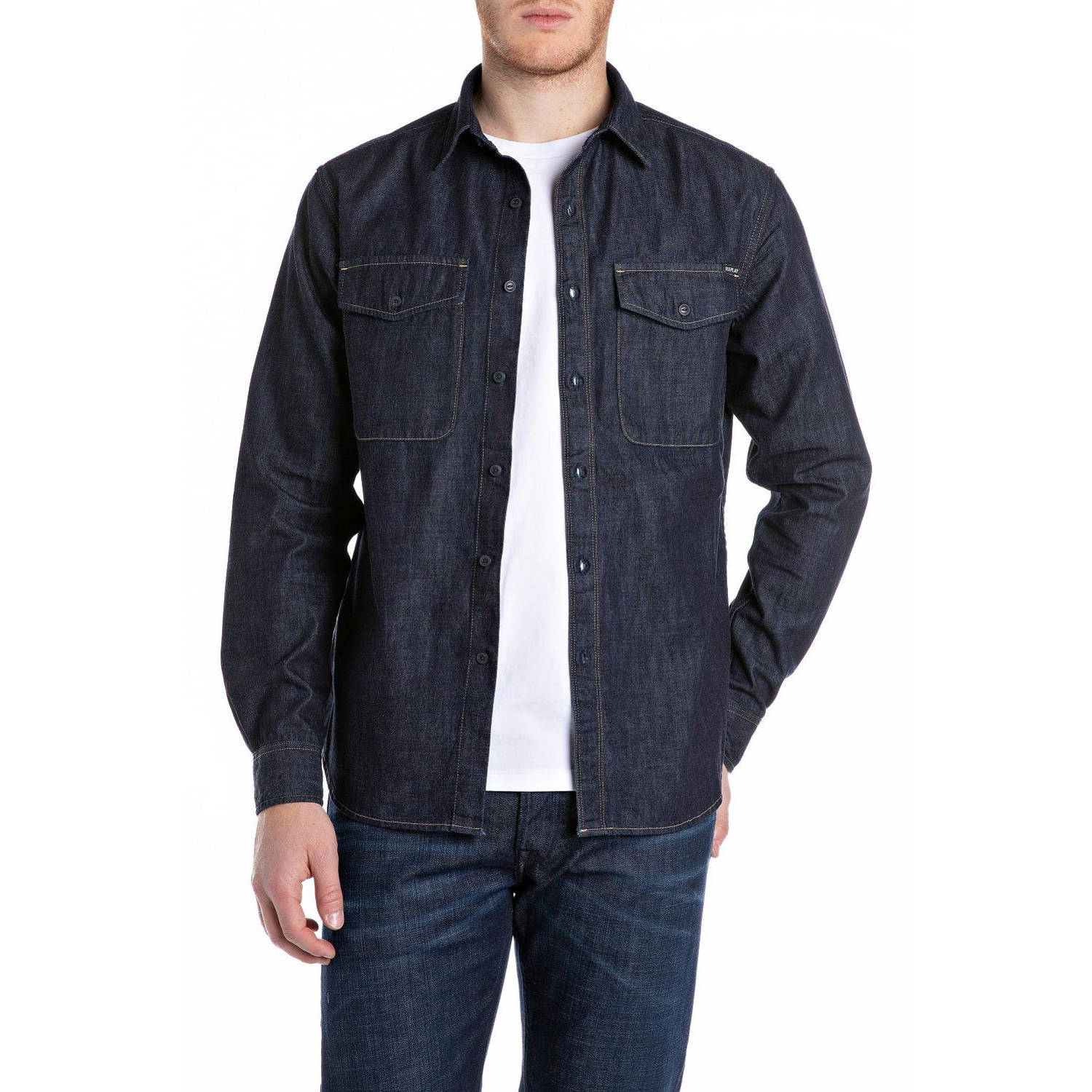 REPLAY denim overhemd donkerblauw