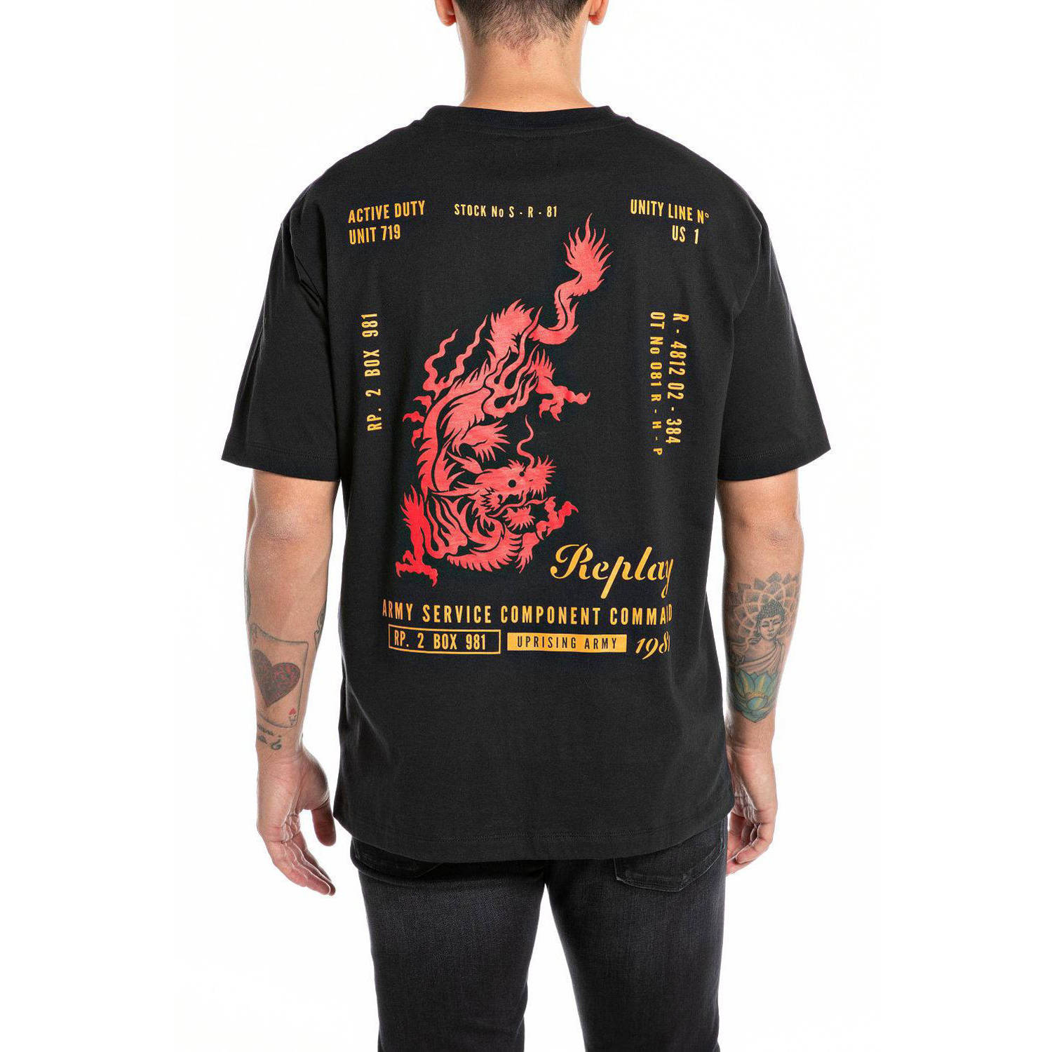 REPLAY T-shirt met backprint zwart