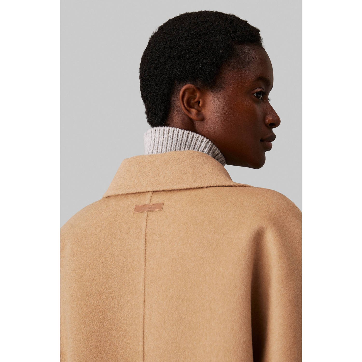 Calvin Klein Lange Wollen Jas Revers Riem Beige Dames