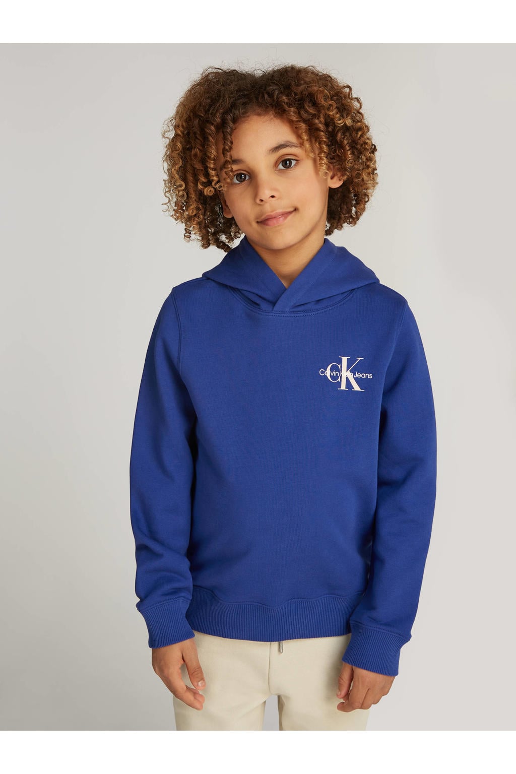 Blauwe jongens Calvin Klein hoodie van katoen met logo dessin, lange mouwen, capuchon en elastische inzet