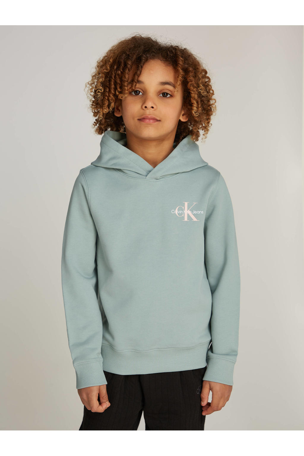 Blauwe jongens Calvin Klein hoodie van katoen met logo dessin, lange mouwen, capuchon en elastische inzet