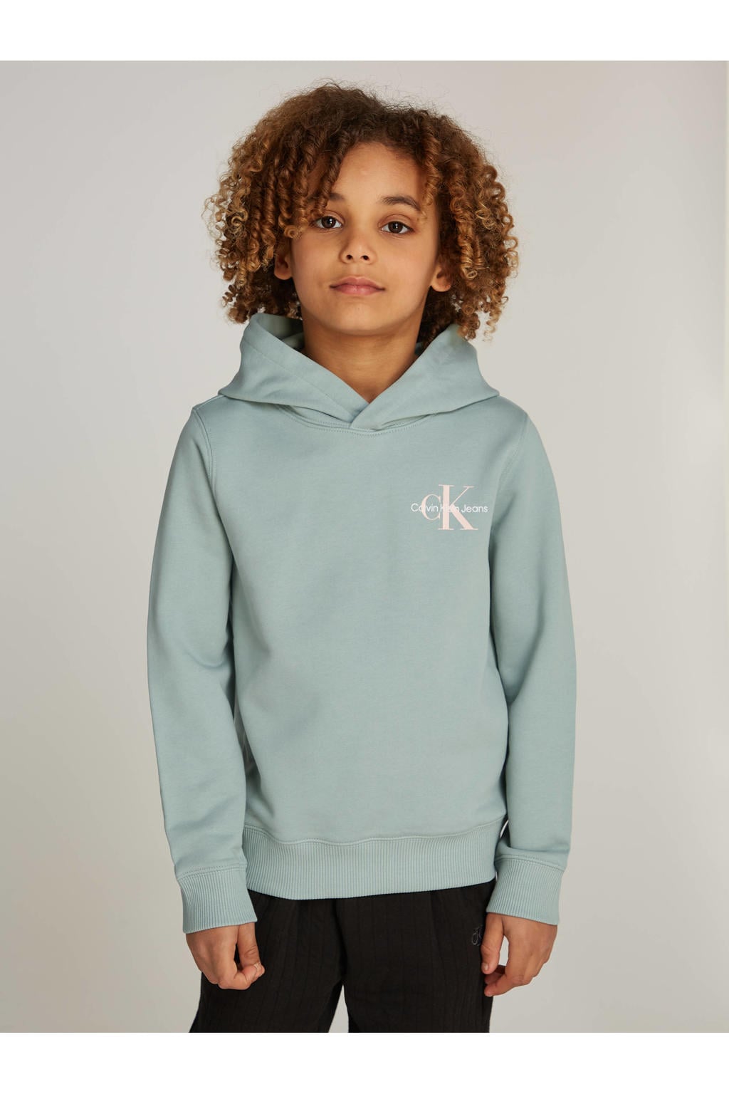 Blauwe jongens Calvin Klein hoodie van katoen met logo dessin, lange mouwen, capuchon en elastische inzet