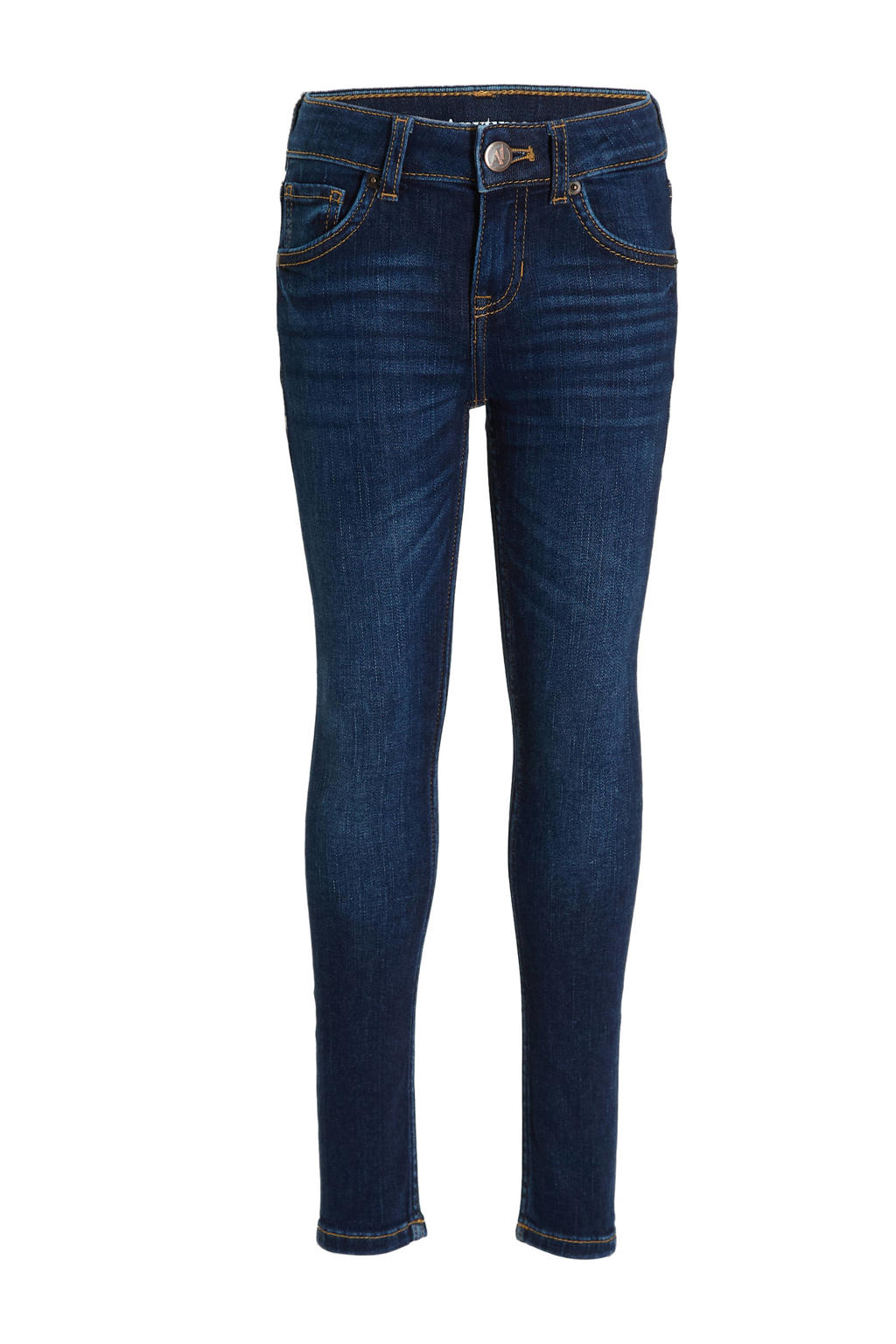 Dark blue denim jongens Anytime skinny jeans van denim met rits- en knoopsluiting en effen