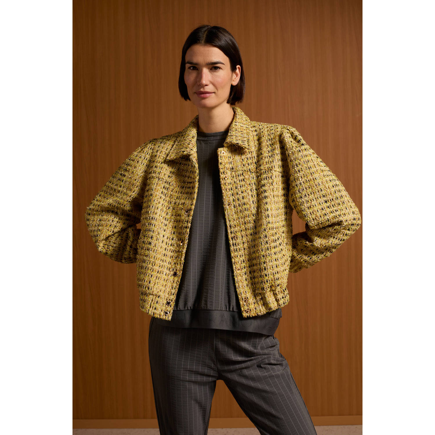 Tramontana slim fit broek van travelstof met krijtstreep grijs
