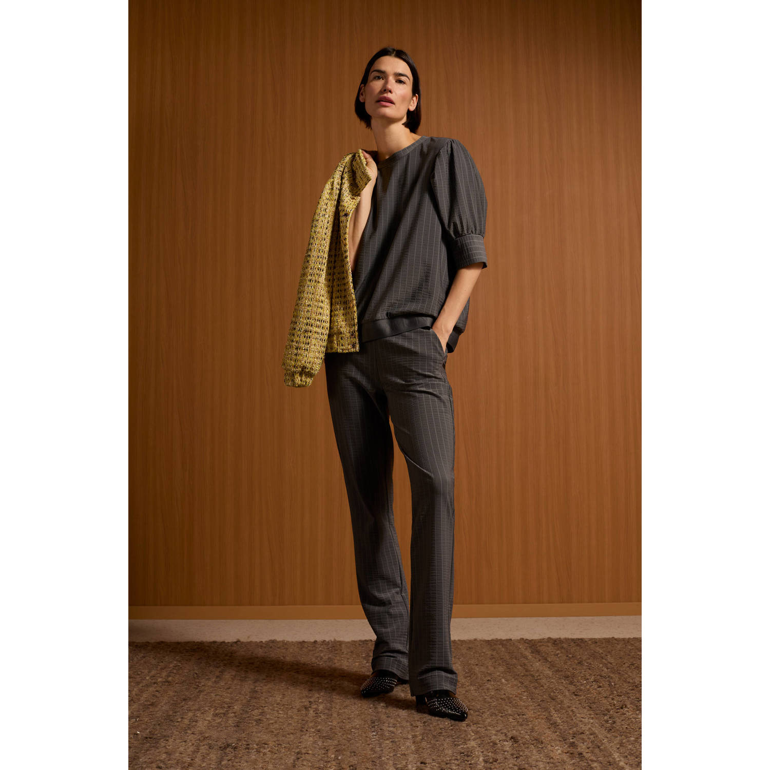 Tramontana slim fit broek van travelstof met krijtstreep grijs