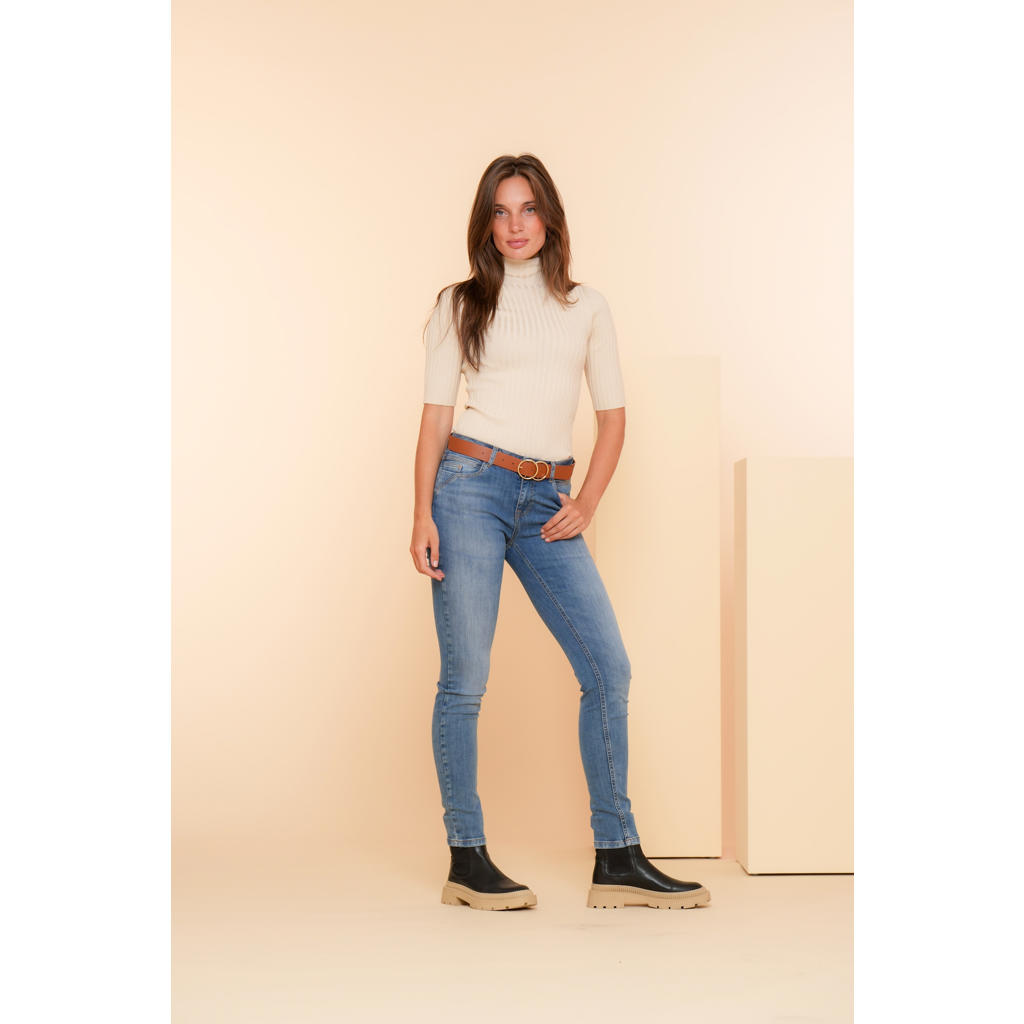 Blauwe dames Geisha regular waist skinny jeans blue van denim met rits- en knoopsluiting en effen