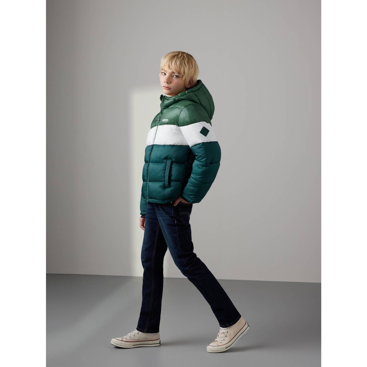 Levis Levi's Kids gewatteerde winterjas COLOR BLOCK donkergroen wit groen Jongens Polyester Capuchon 140