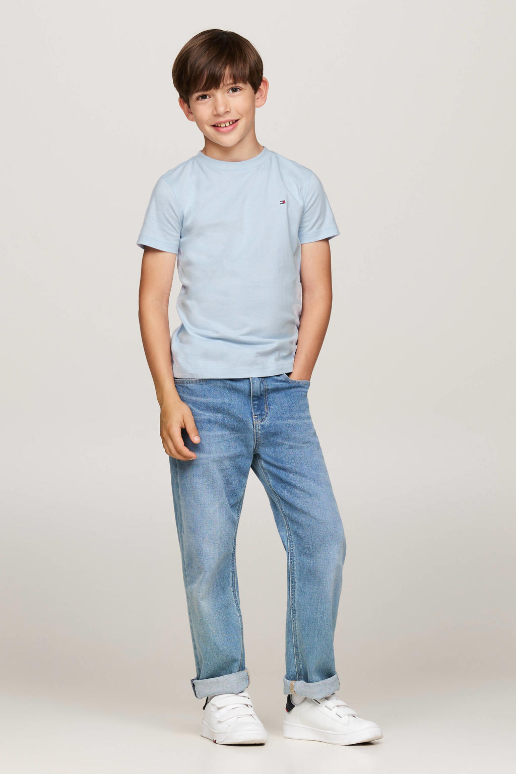 Blauwe jongens Tommy Hilfiger T-shirt van katoen met effen, korte mouwen en ronde hals