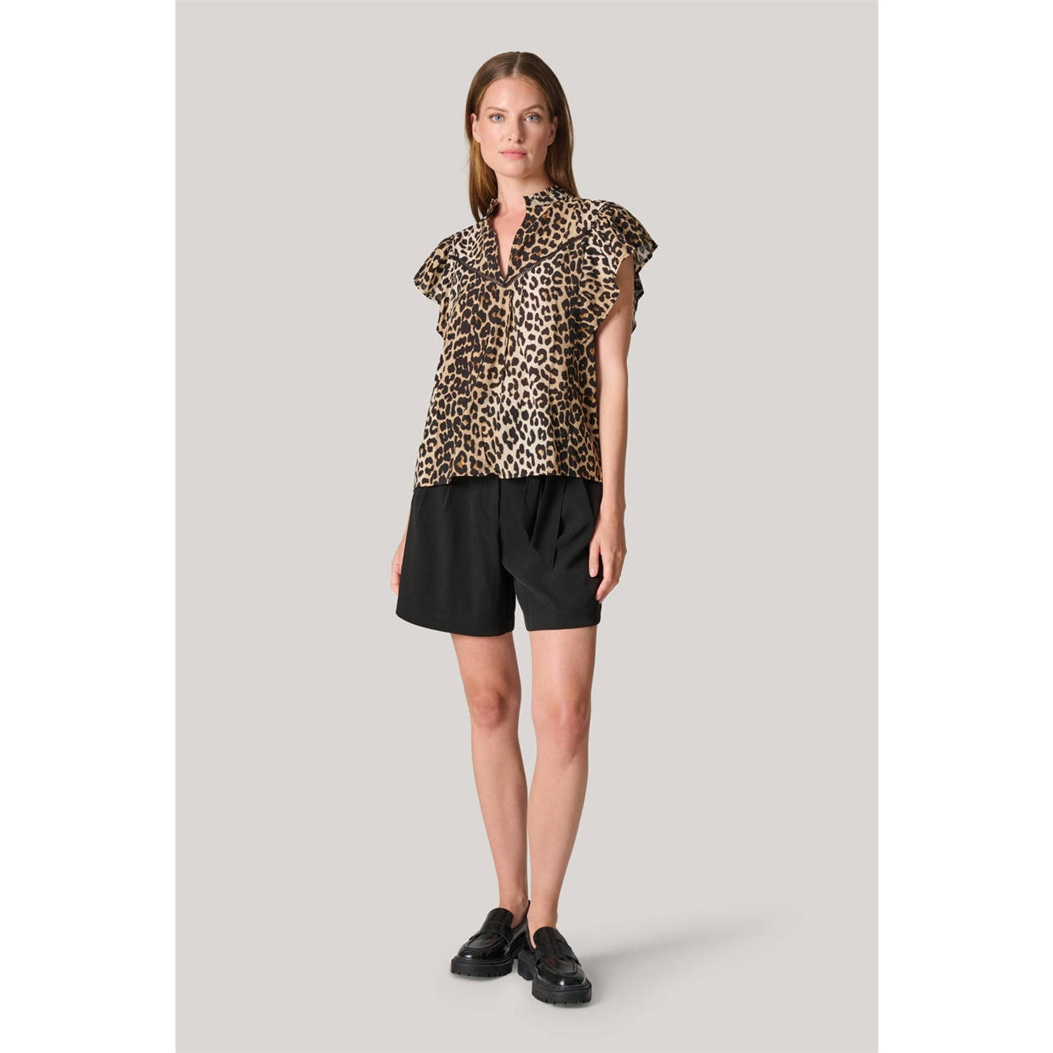 Shoeby blousetop met panterprint en ruches bruin