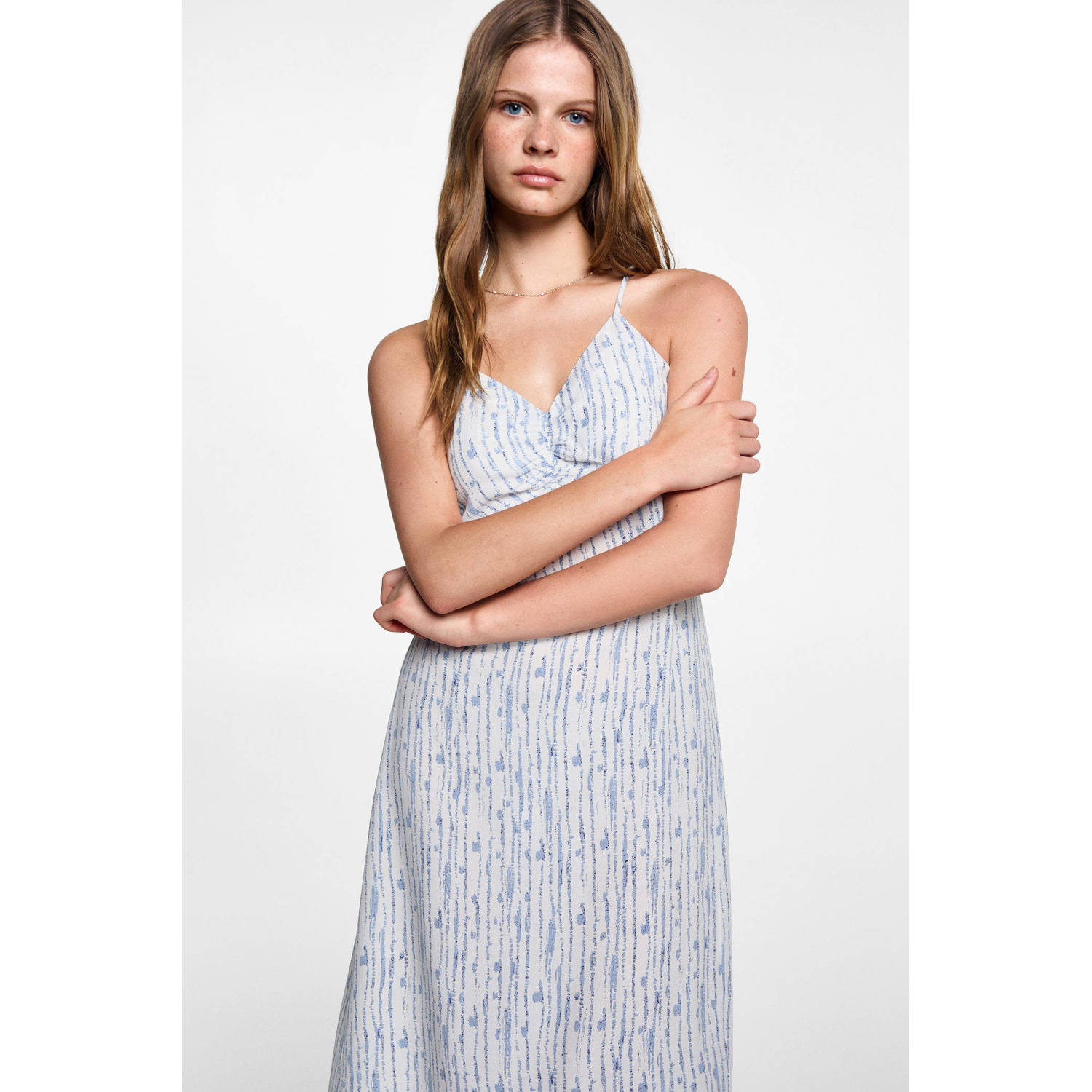 MANGO TEENS maxi jurk met all over print naturel wit blauw Meisjes Viscose V-hals 152(XXS)