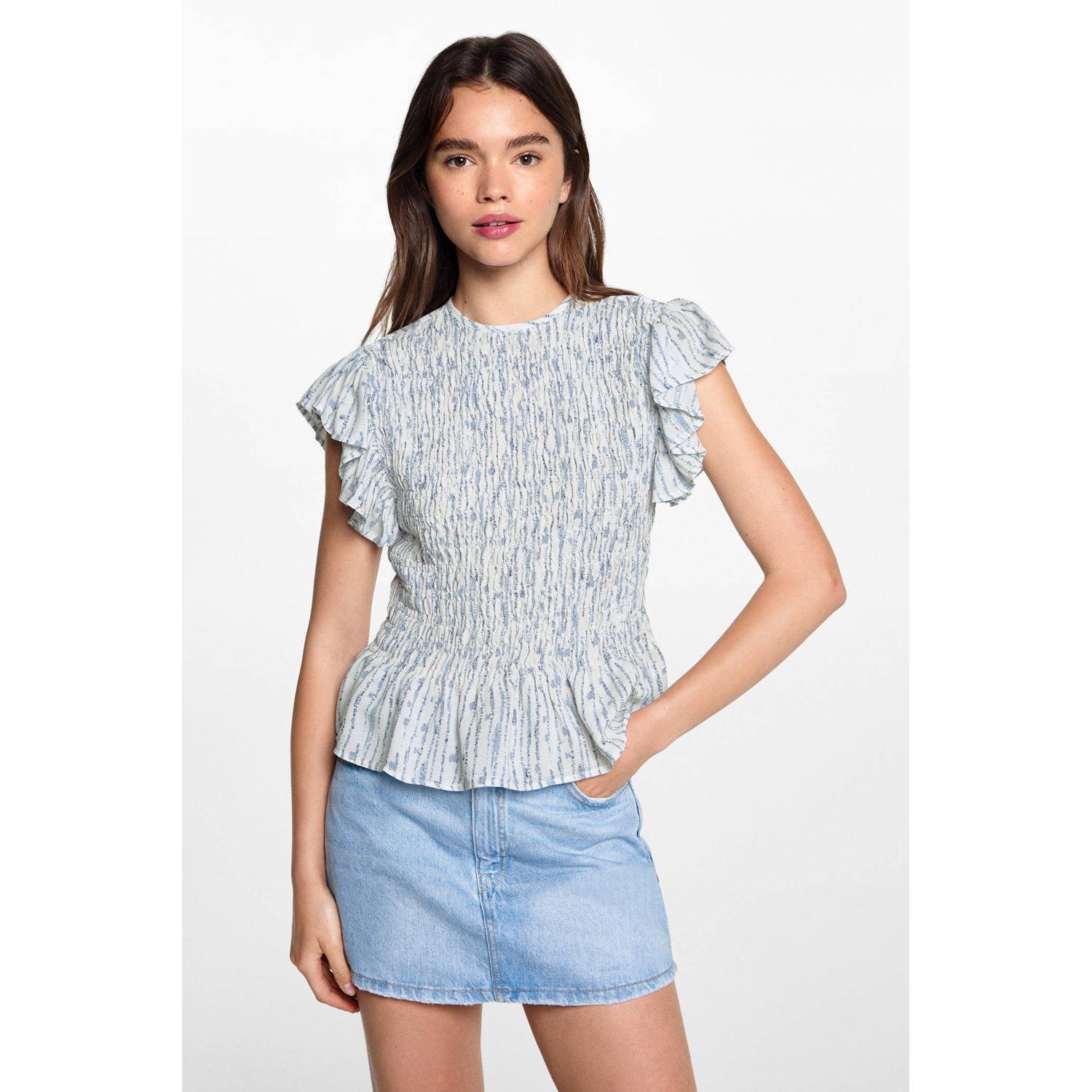 MANGO TEENS top wit blauw Meisjes Viscose Ronde hals Effen 152(XXS)
