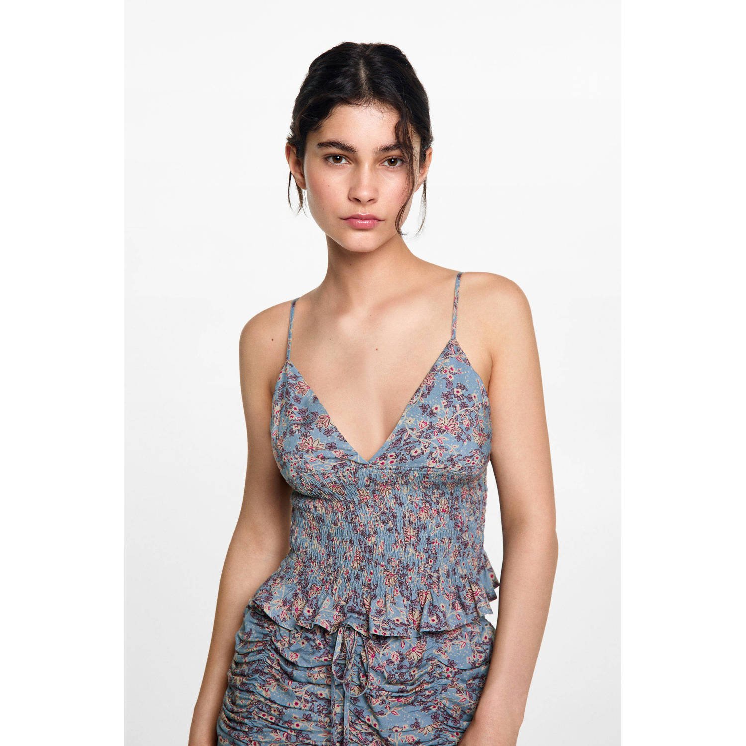 MANGO TEENS spaghettitop met all over print lichtblauw paars roze Meisjes Viscose V-hals 152(XXS)