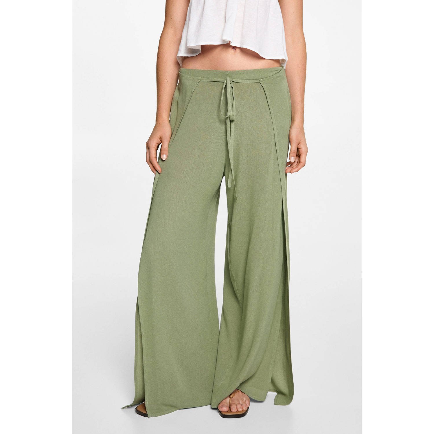 MANGO TEENS wide leg broek beige kaki Meisjes Viscose Effen 152(XXS)