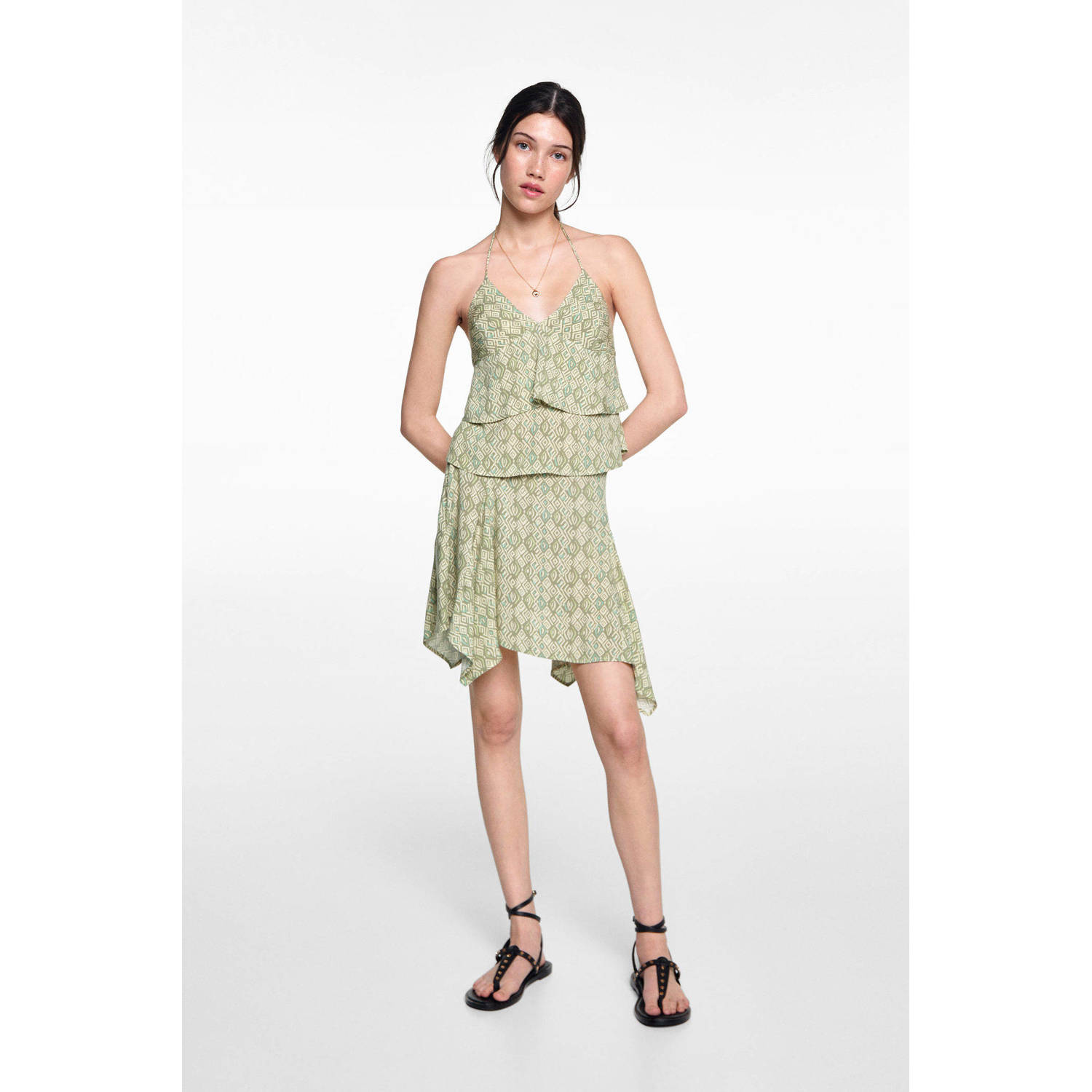 MANGO TEENS spaghettitop met all over print groen Meisjes Viscose V-hals 152(XXS)