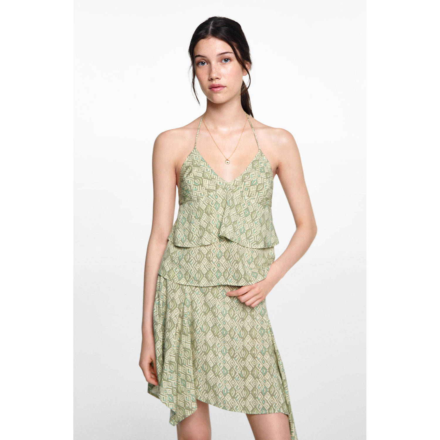 MANGO TEEN spaghettitop met all over print groen