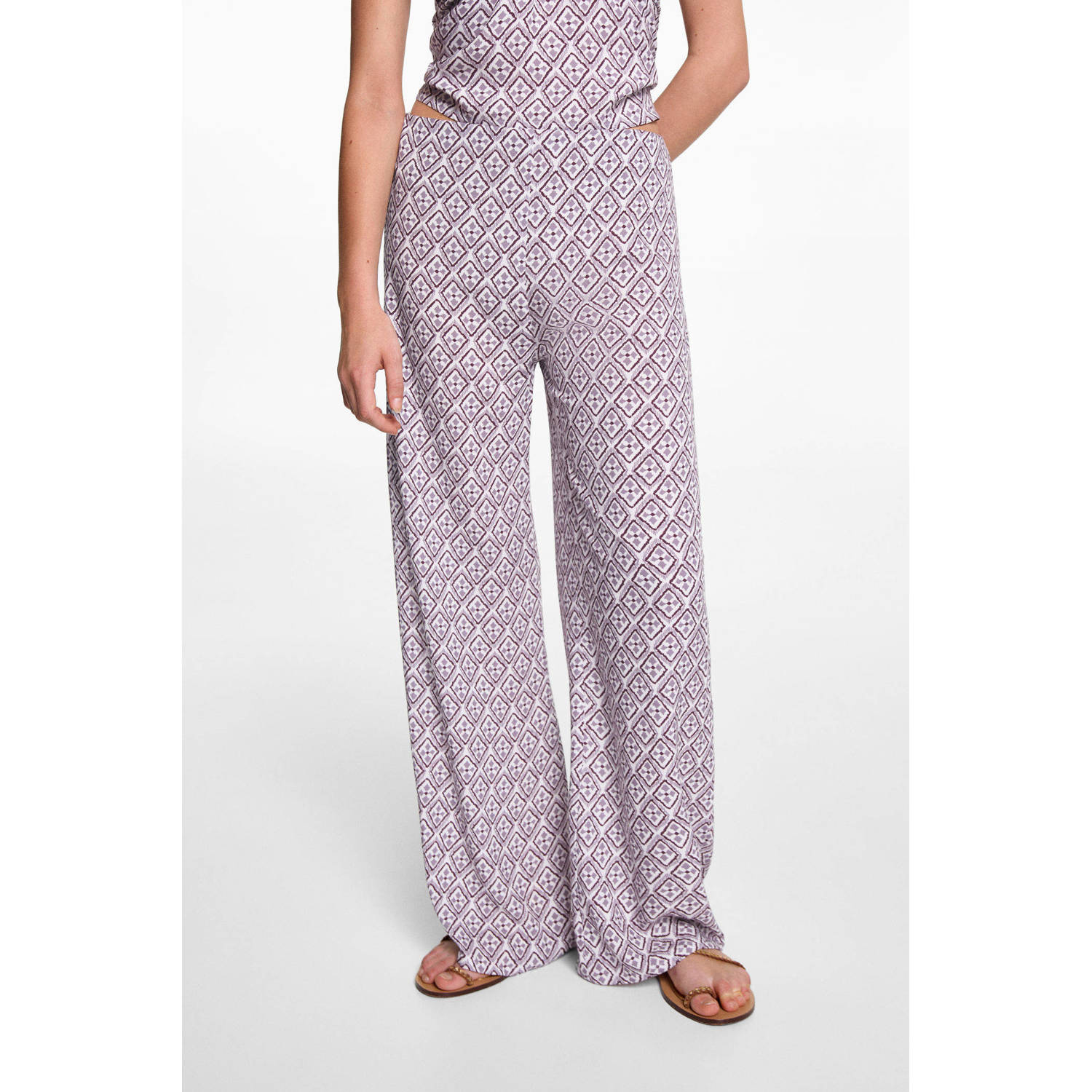 MANGO TEENS broek met all over print lila wit Paars Meisjes Viscose All over print 152(XXS)