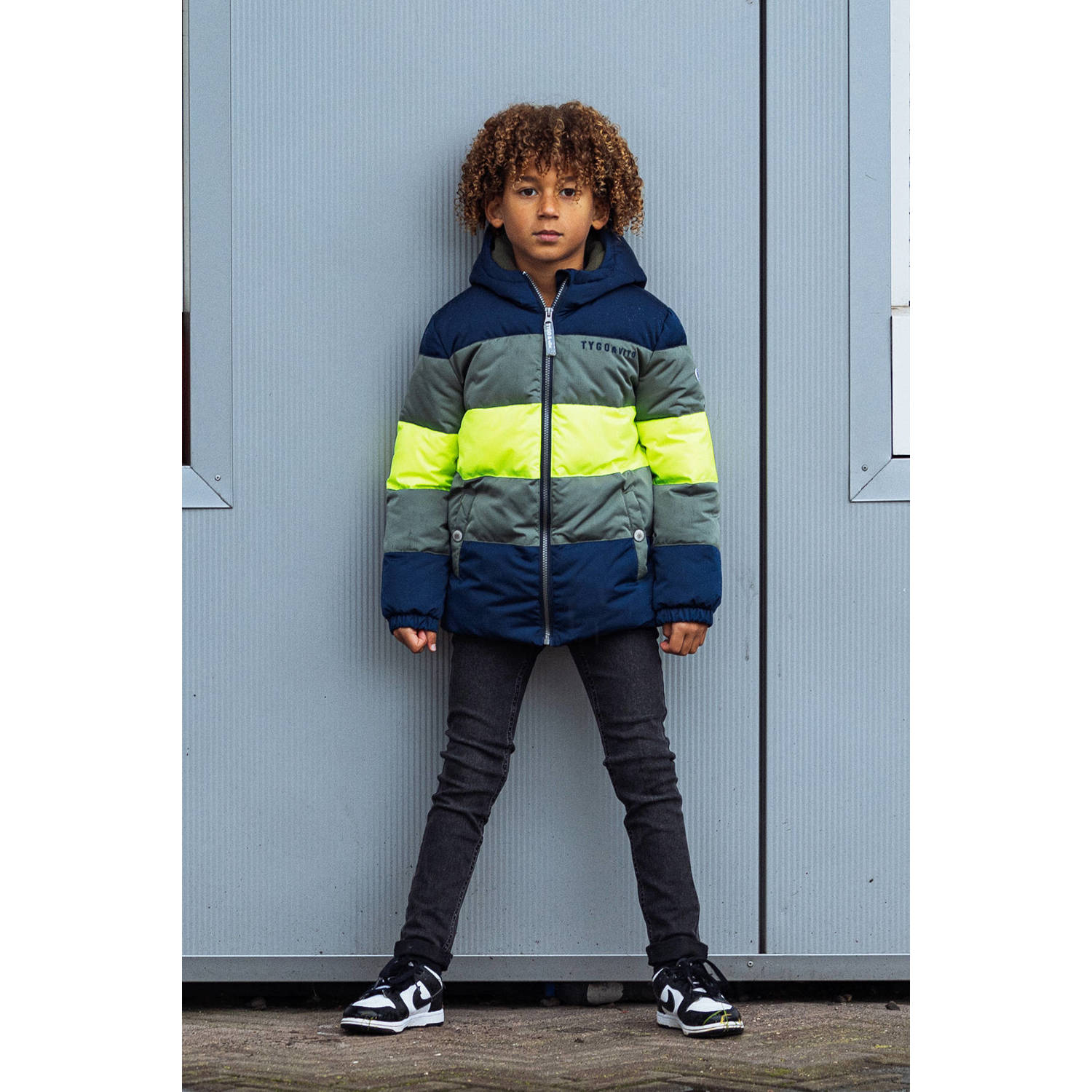 TYGO & vito gewatteerde winterjas Joppe donkerblauw groen neon geel