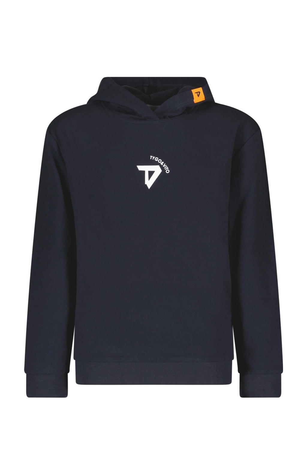 Donkerblauwe jongens TYGO & vito NextGen hoodie Dax van sweat materiaal met lange mouwen, capuchon en geribde boorden