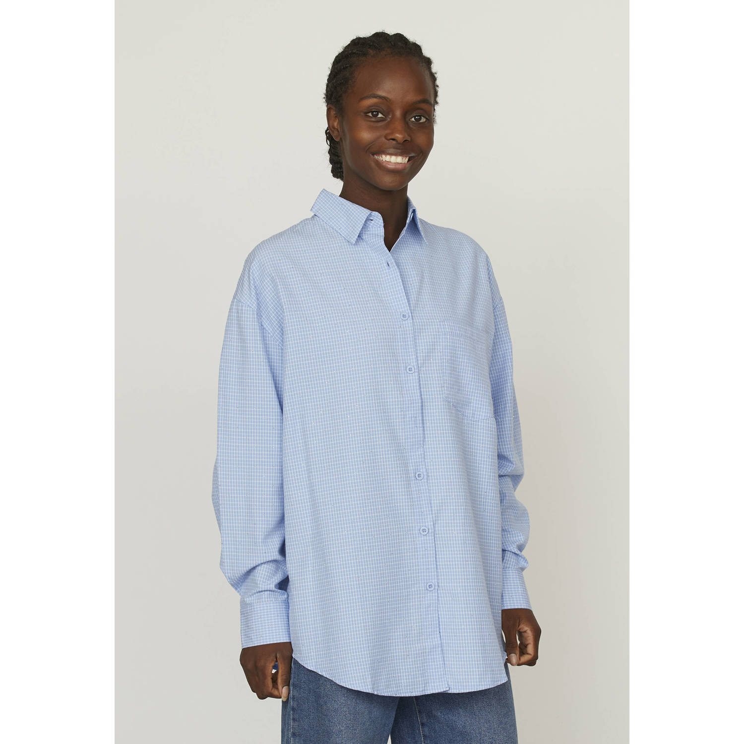 SisterS Point geruite blouse lichtblauw glitters