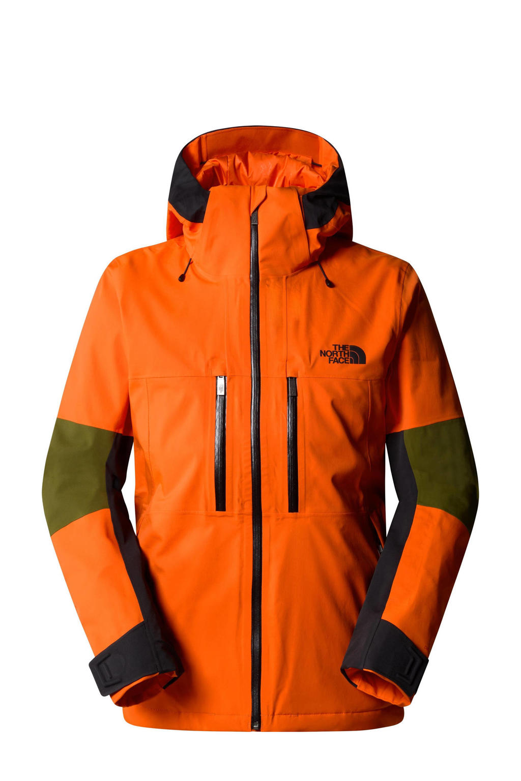 Oranje en donkergroene heren The North Face ski-jack Chakal van polyester met meerkleurige print, capuchon en rits wind- en waterdicht