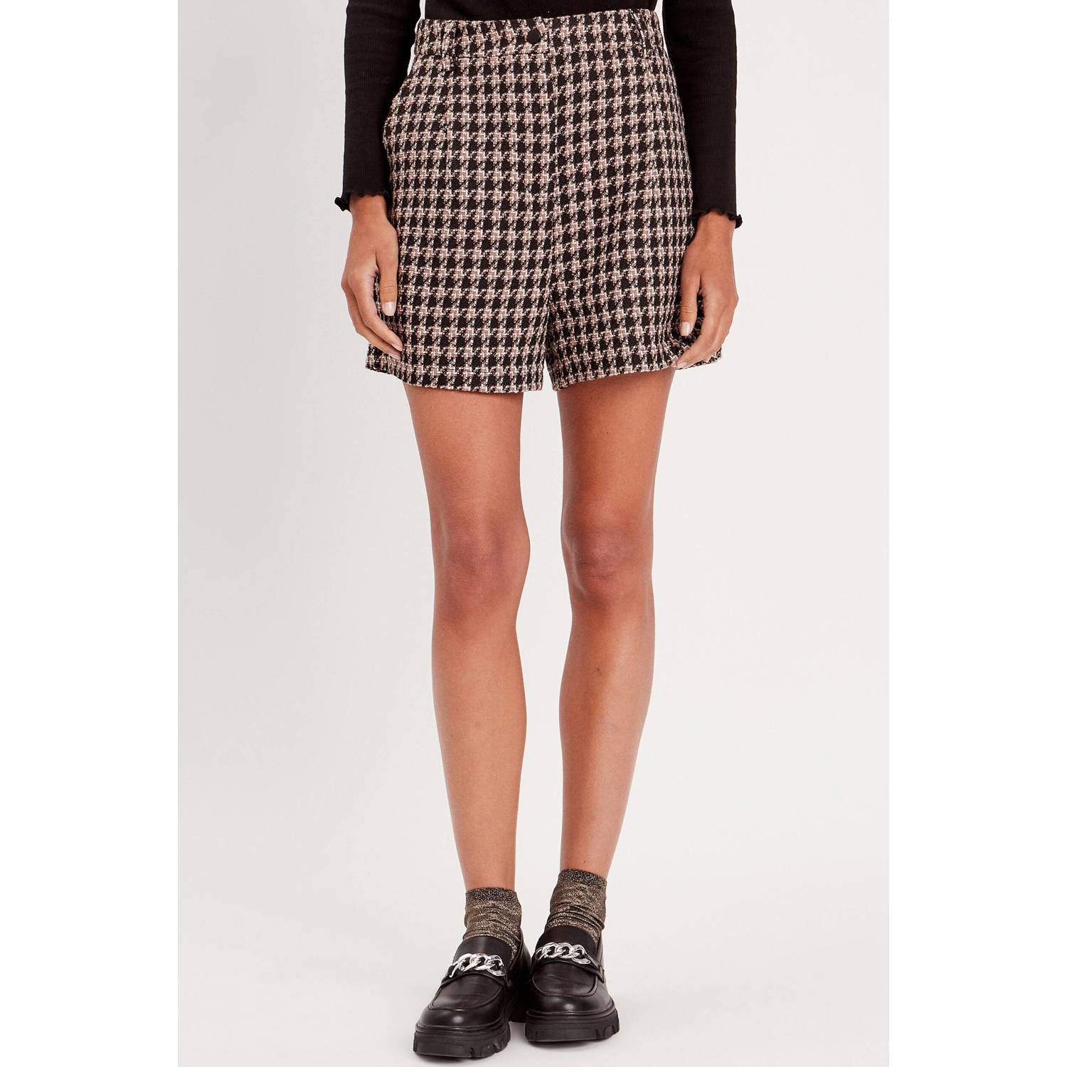 Cache high waist regular fit short met pied-de-poule zwart wit beige