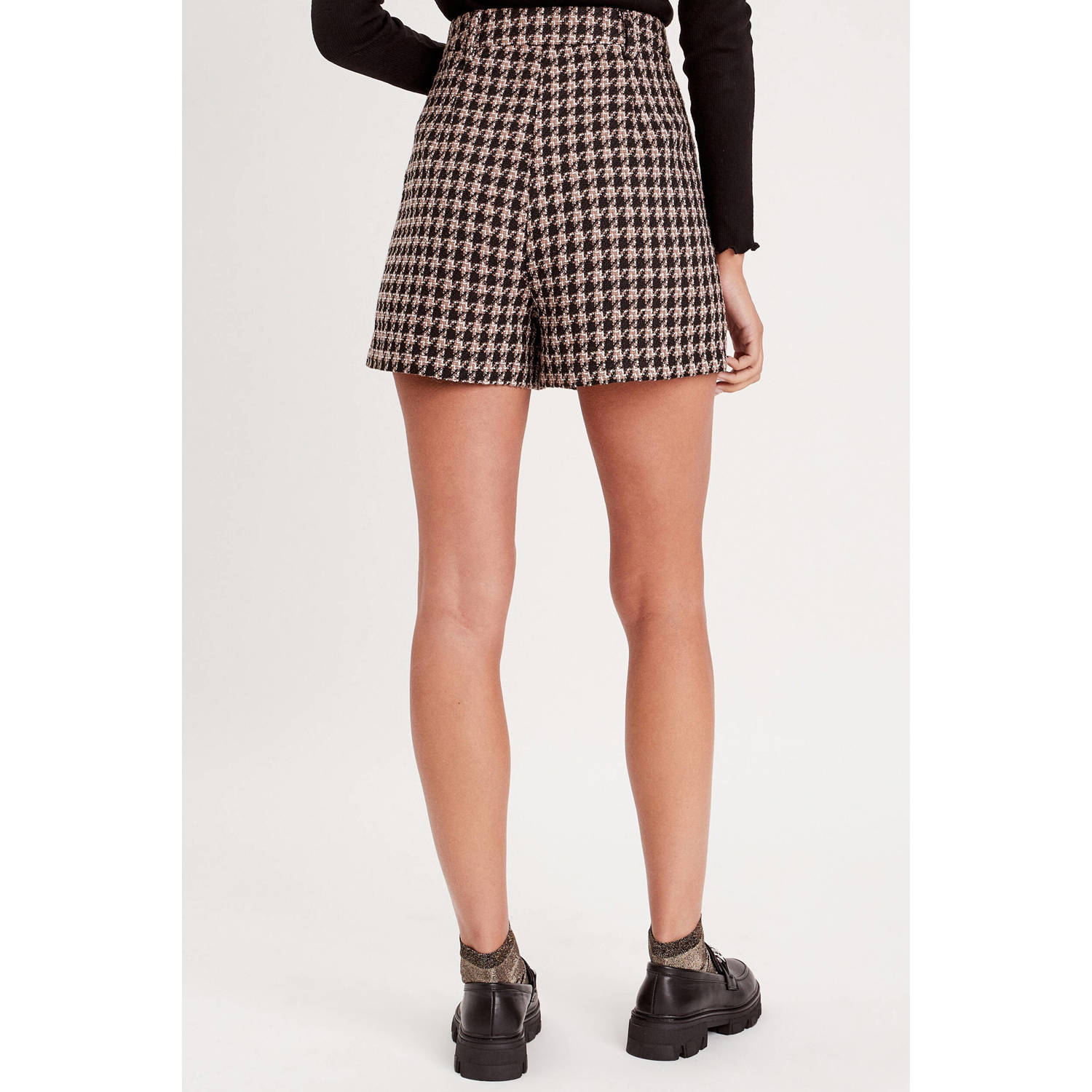 Cache high waist regular fit short met pied-de-poule zwart wit beige