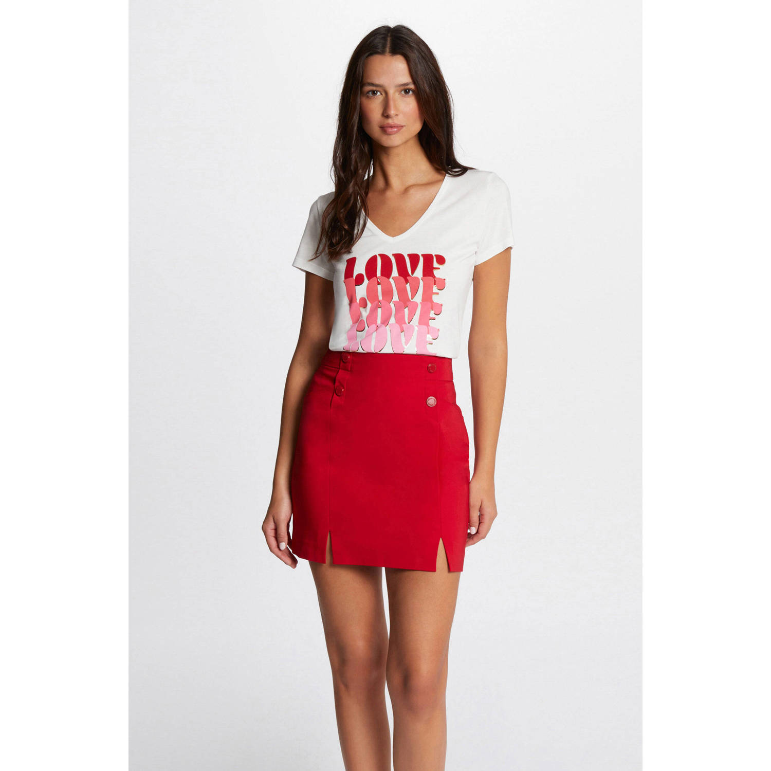 Morgan T-shirt met tekst ecru roze